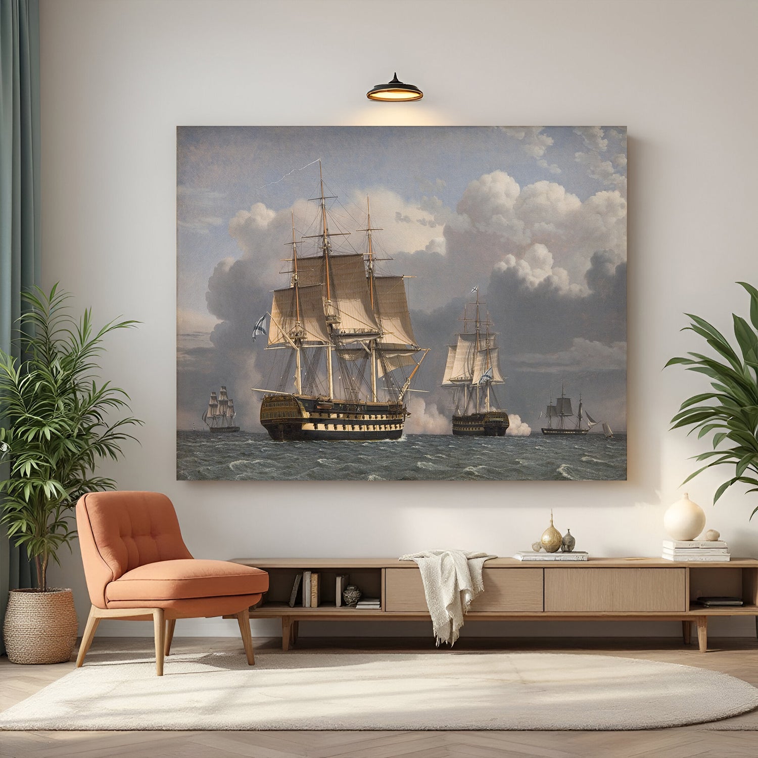 Vintage canvas wall art of Two Russian Liners Saluting by Eckersberg—ancient nautical scene with ships on water