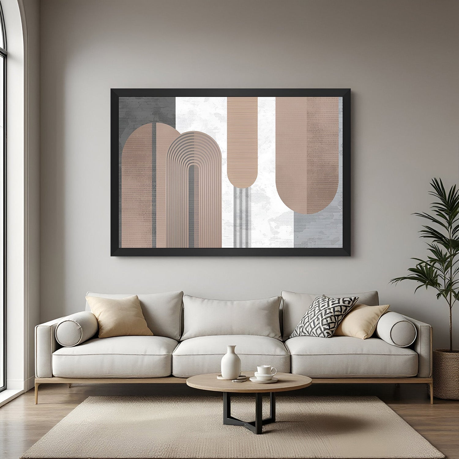 Modern abstract canvas featuring U shapes in soft neutral tones with black floater frame – minimalist wall art for stylish interiors