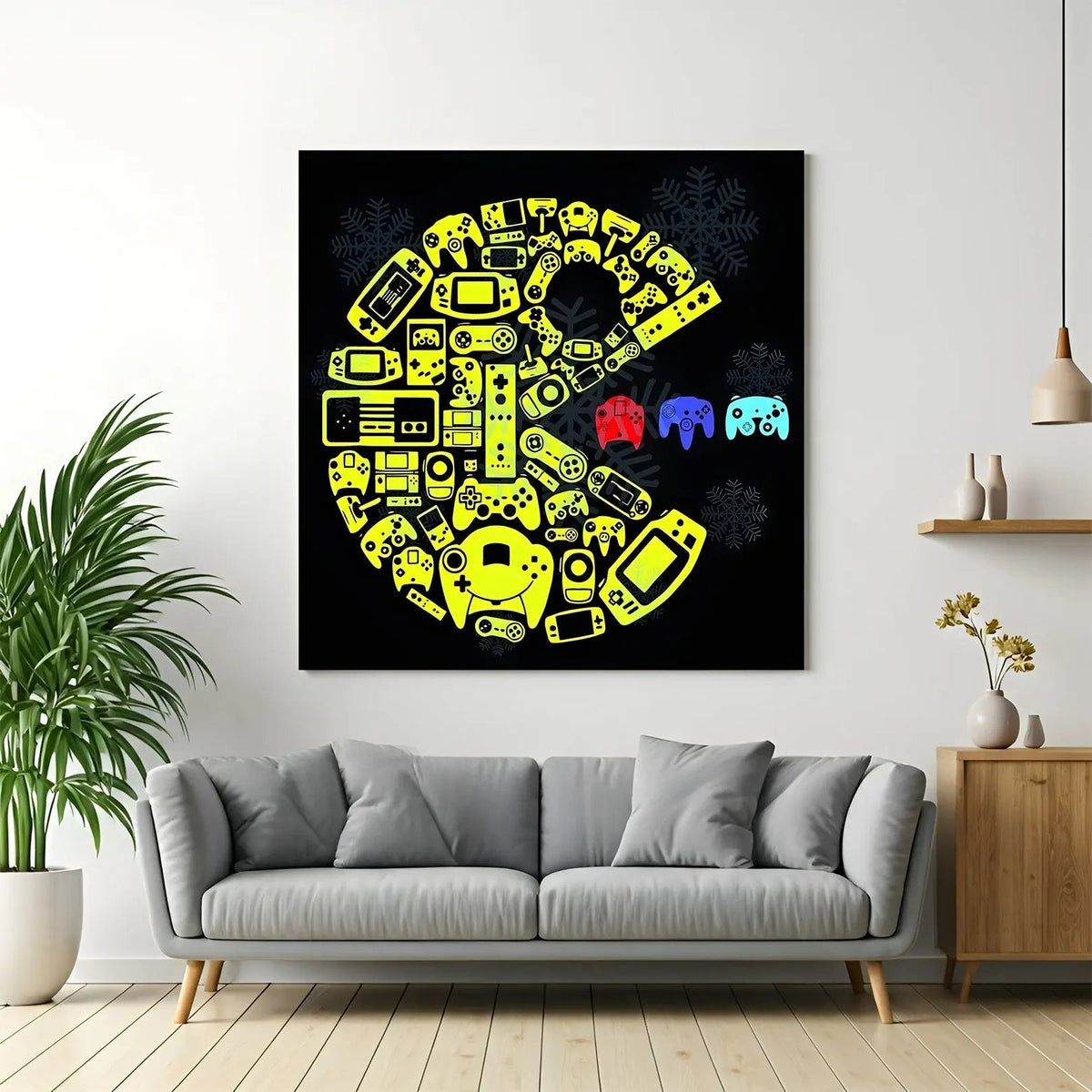 Ultimate Gamer Station canvas wall art featuring gaming controllers and gaming accessories in premium canvas wrapped frame