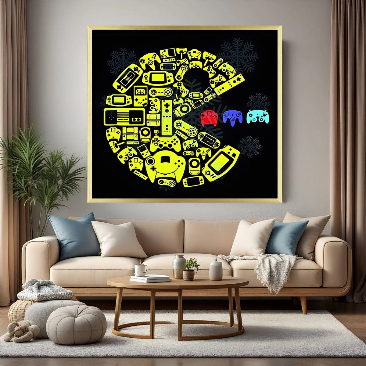 Ultimate Gamer Station artwork in luxury golden floater frame featuring gaming accessories and controller design