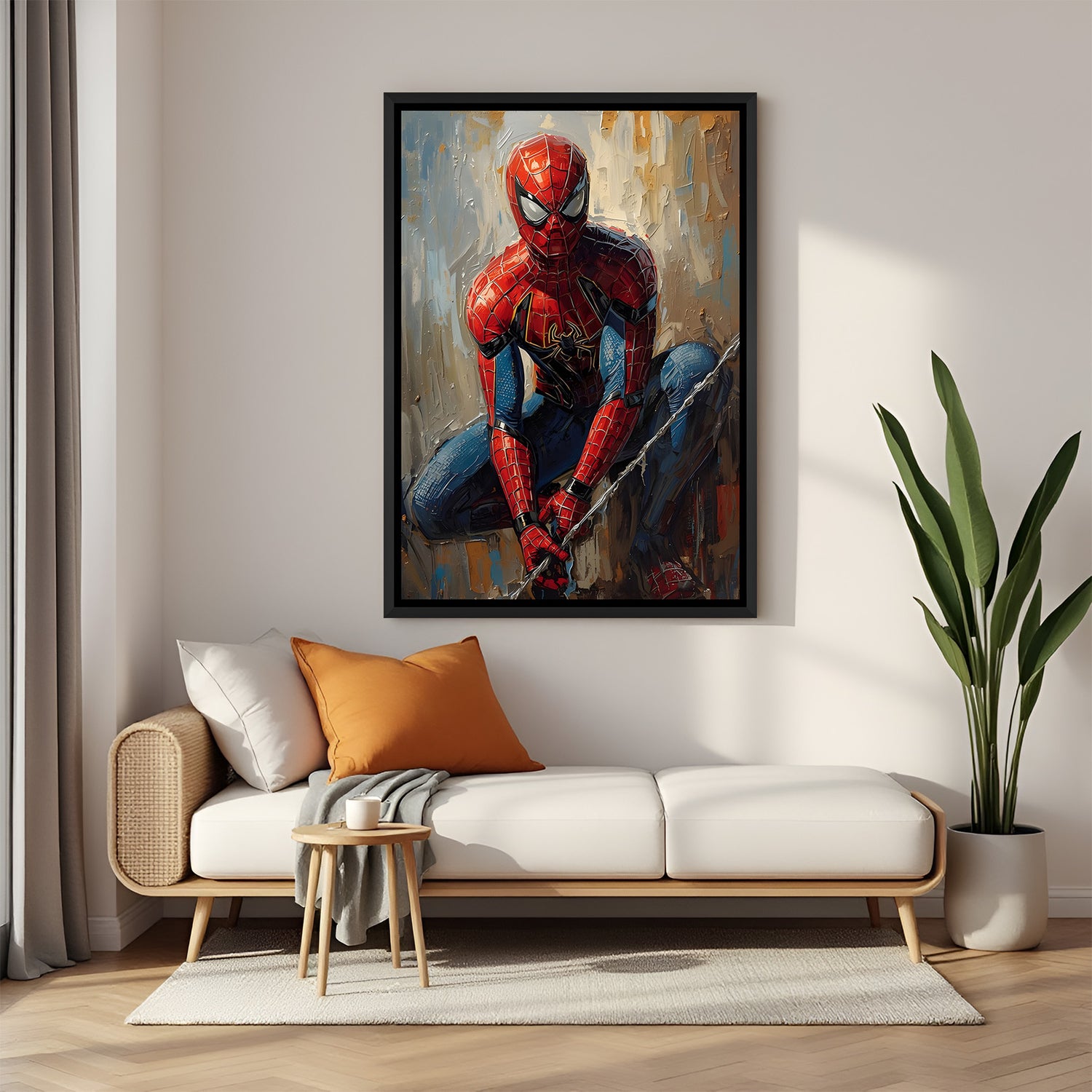 Ultimate Spider Hero wall painting in black floater frame with cinematic superhero action pose