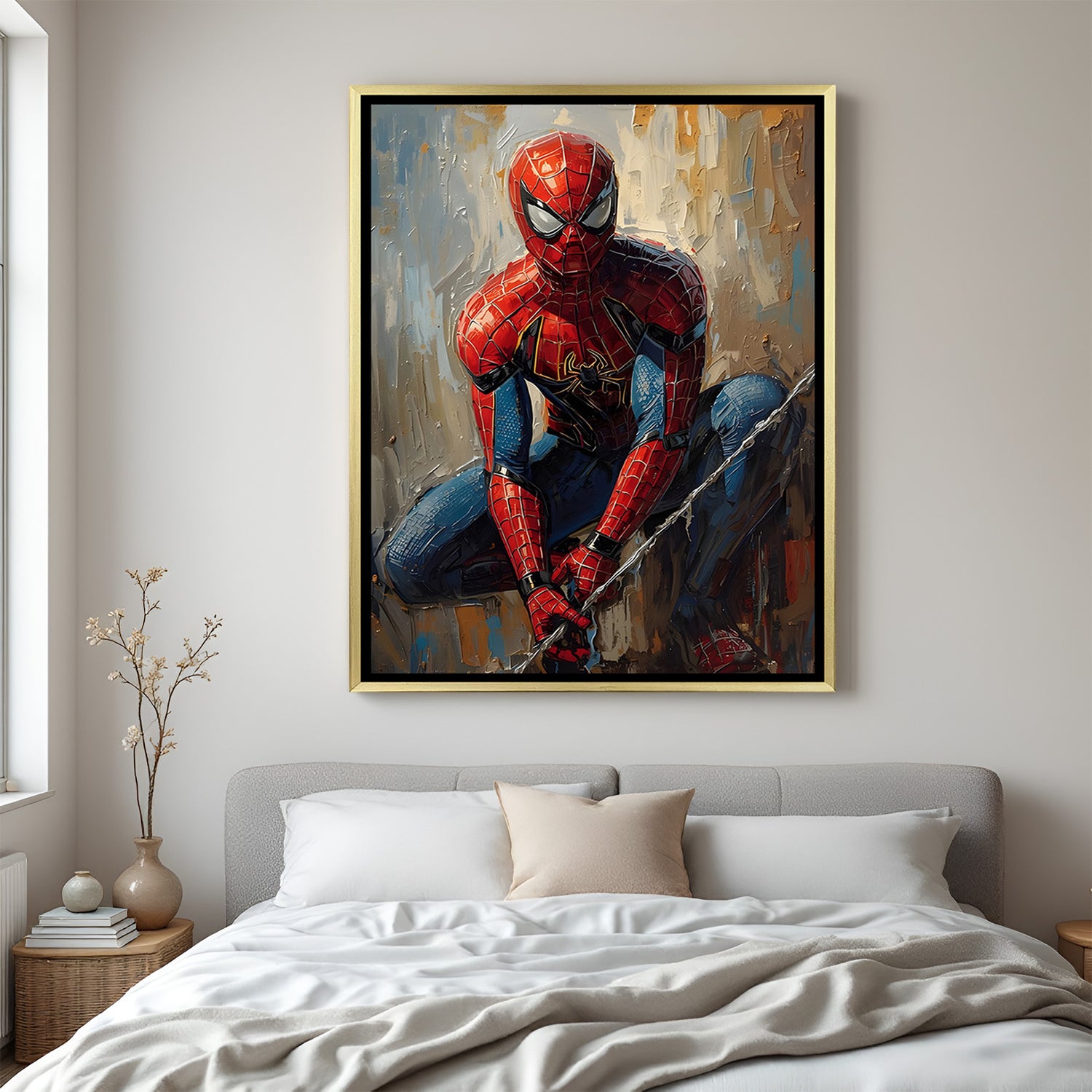 Ultimate Spider Hero anime artwork in luxury golden floater frame with iconic superhero pose