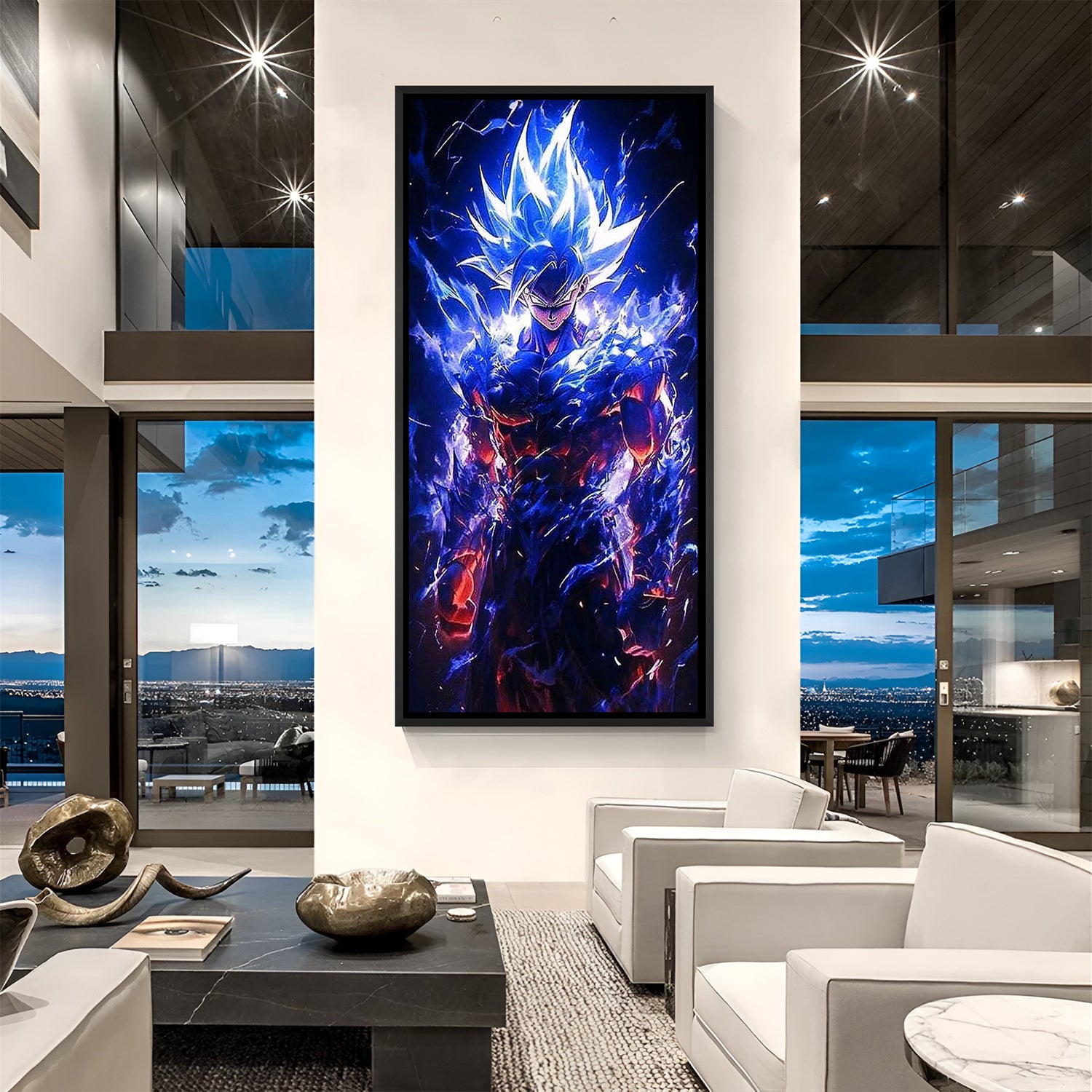 Black floater frame Ultra Instinct Goku anime wall art for modern living room decor