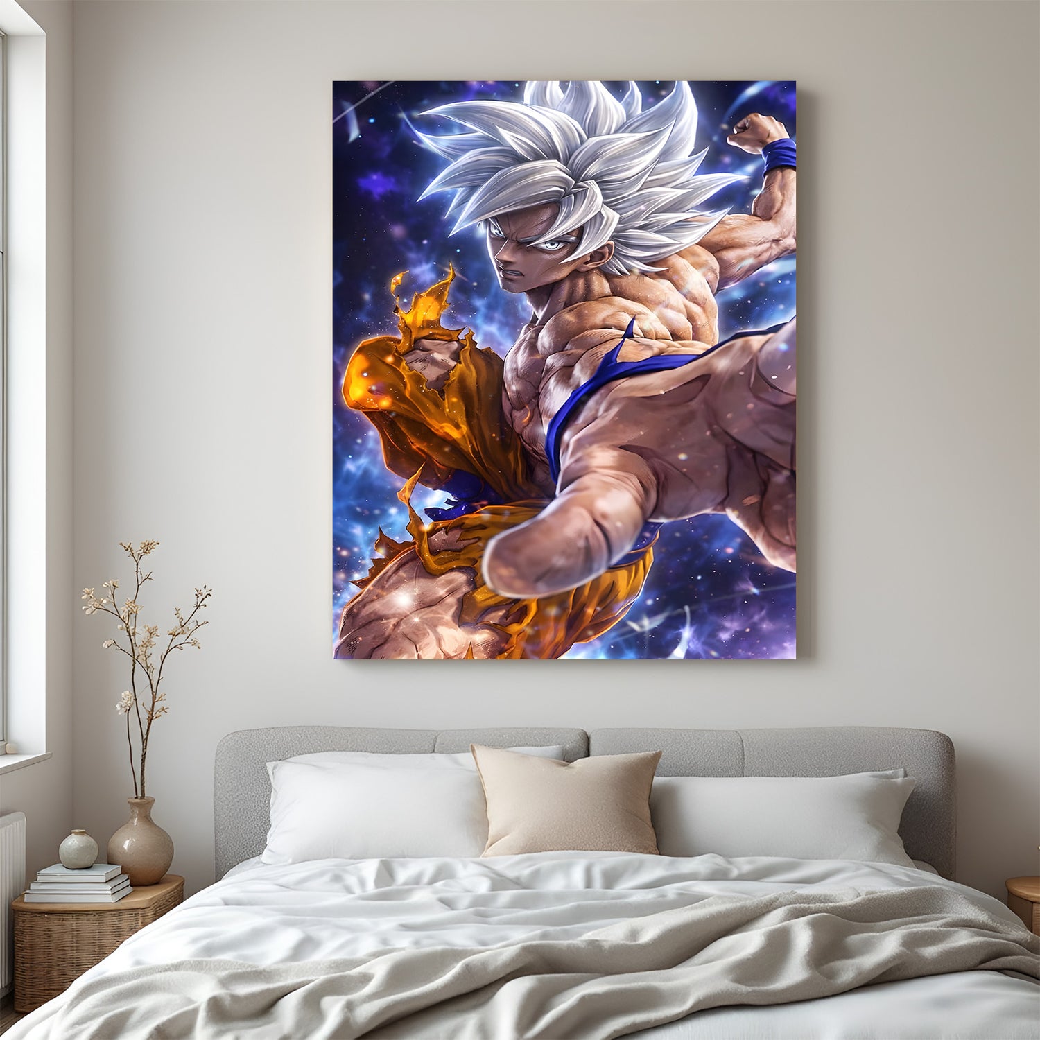 Ultra Instinct Goku canvas painting with white hair and divine anime aura in canvas wrapped frame