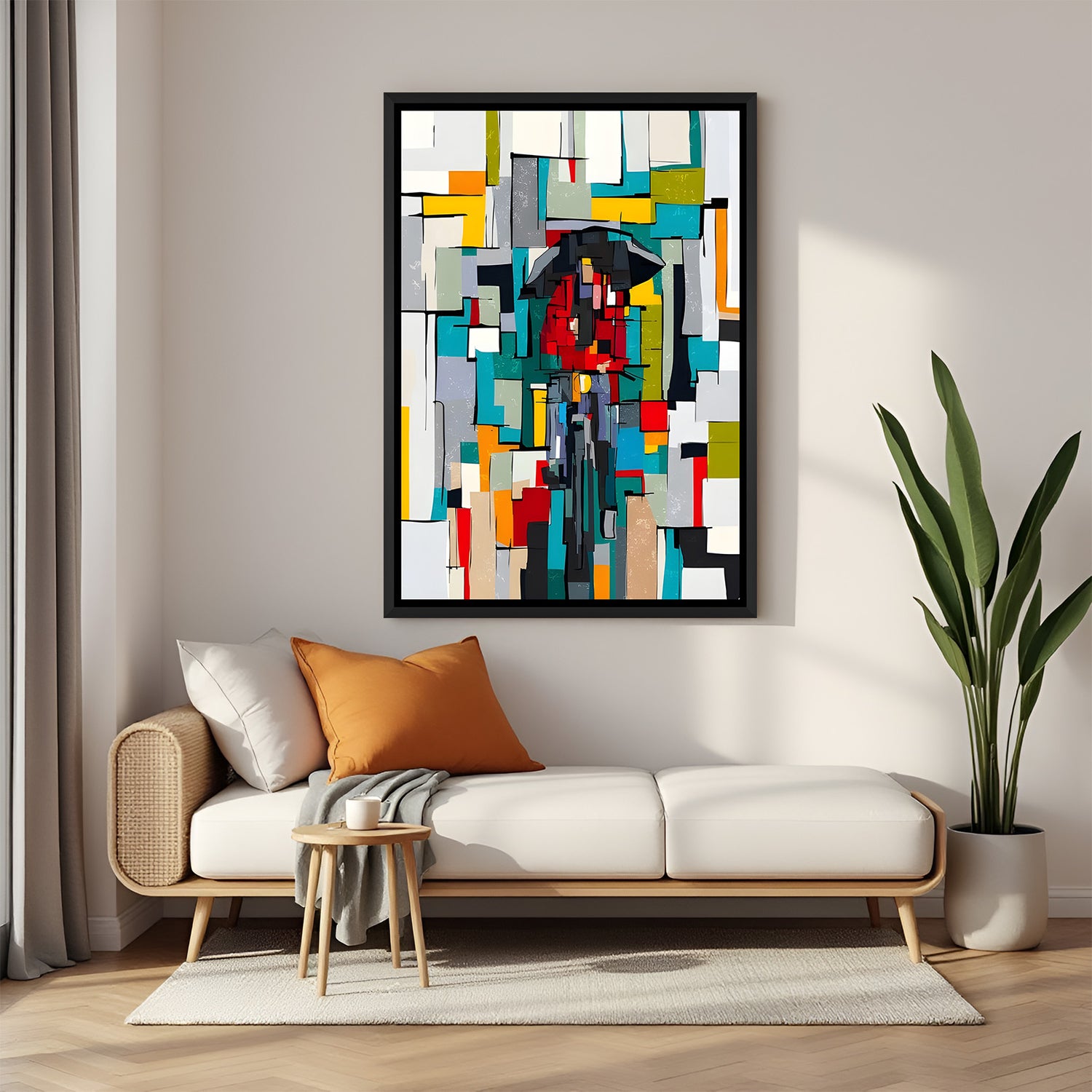 Modern abstract umbrella painting in black floater frame