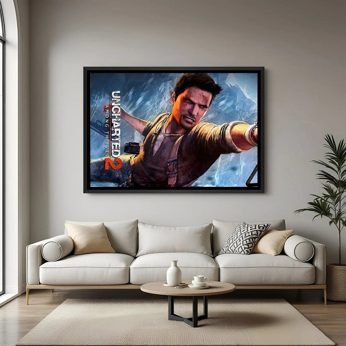 Uncharted Legacy of Thieves wall painting in elegant black floater frame with action-adventure gaming artwork