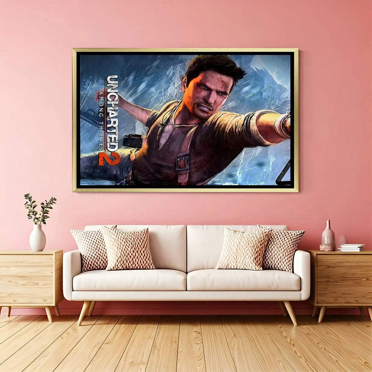 Uncharted Legacy of Thieves artwork in luxury golden floater frame featuring epic treasure-hunting adventure design