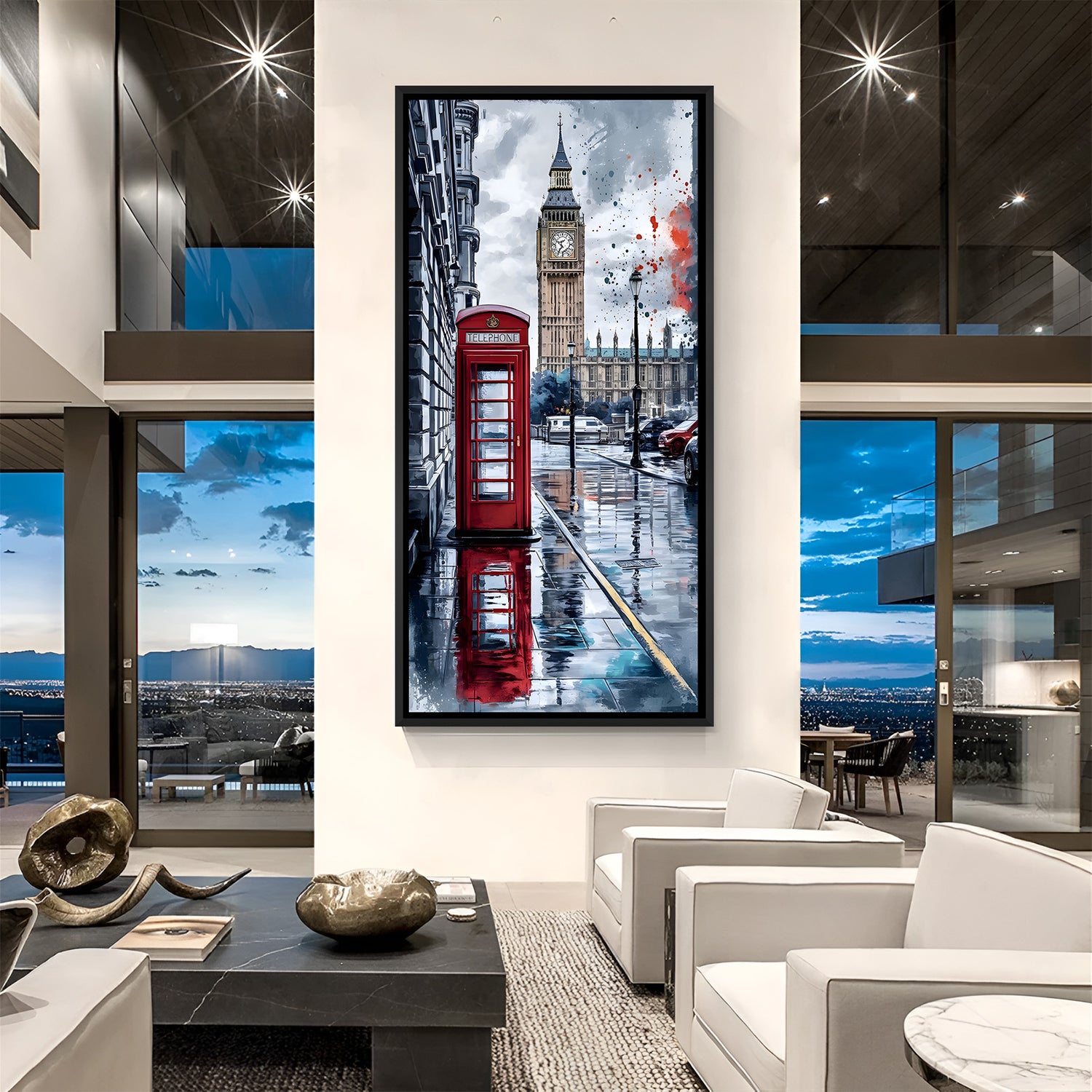 Modern cityscape wall art in elegant black floater frame with contemporary urban artistic detailing