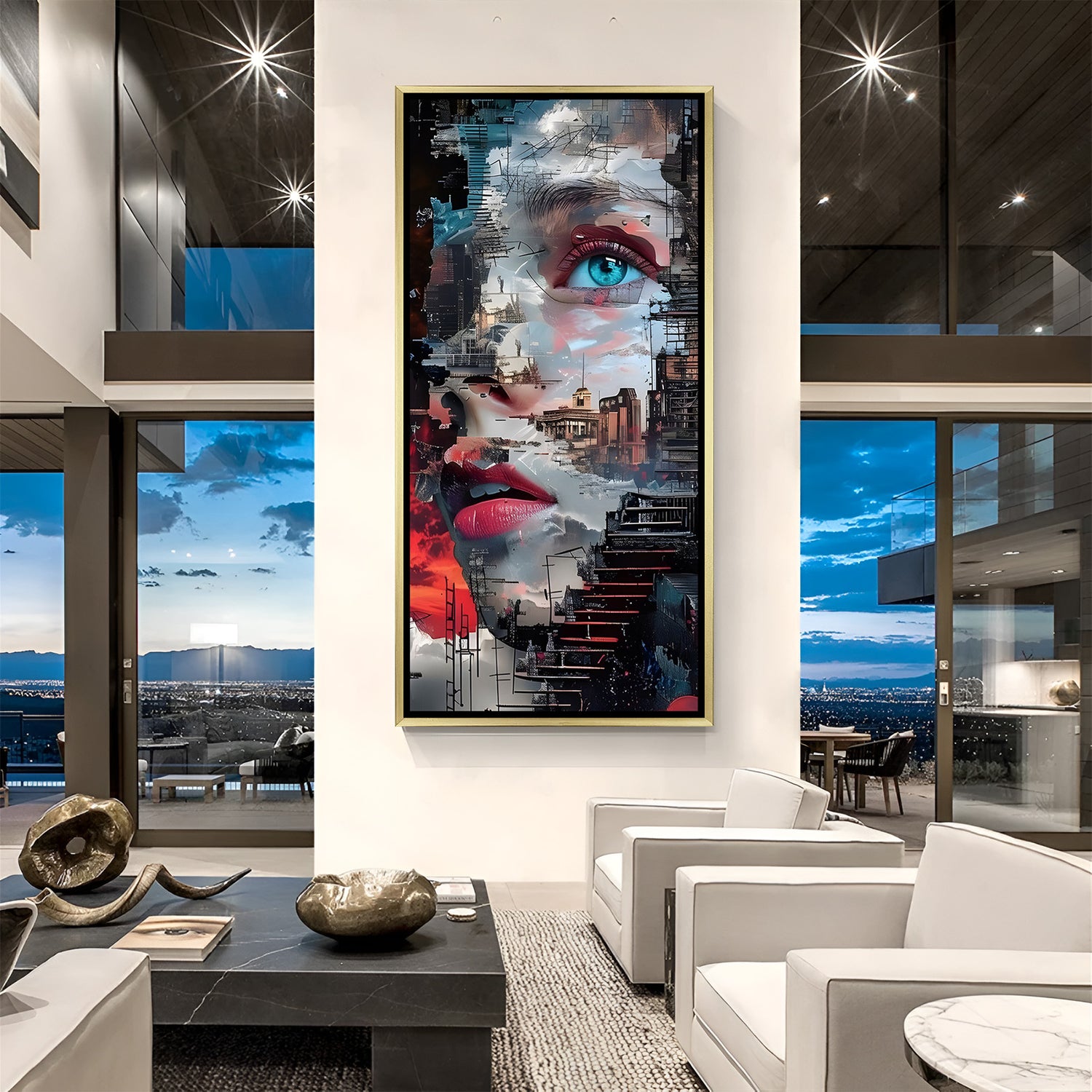 Urban Muse Cityscape canvas print in luxury golden floater frame featuring a woman's face and urban skyline composition