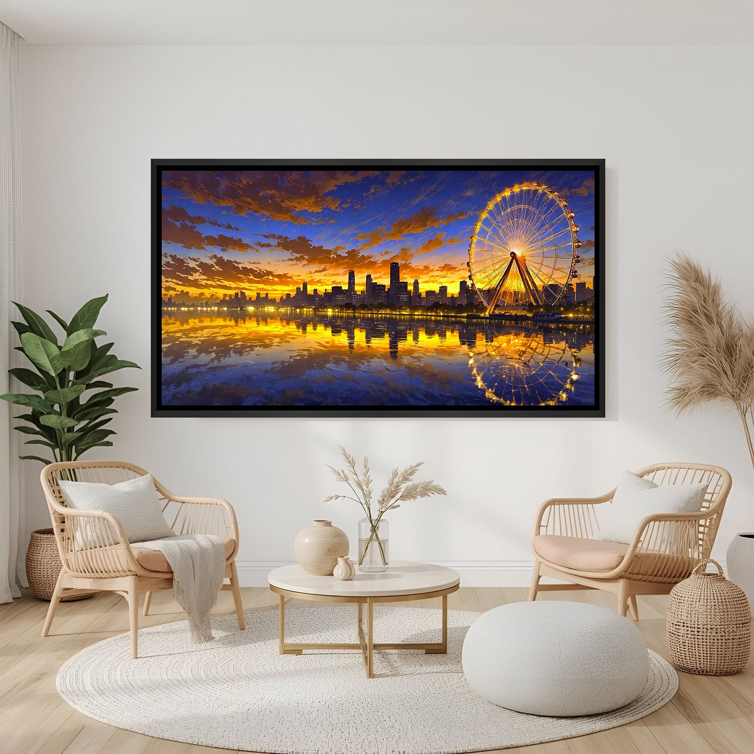 Modern waterfront city artwork with Ferris wheel in elegant black floater frame featuring vibrant reflections on the water