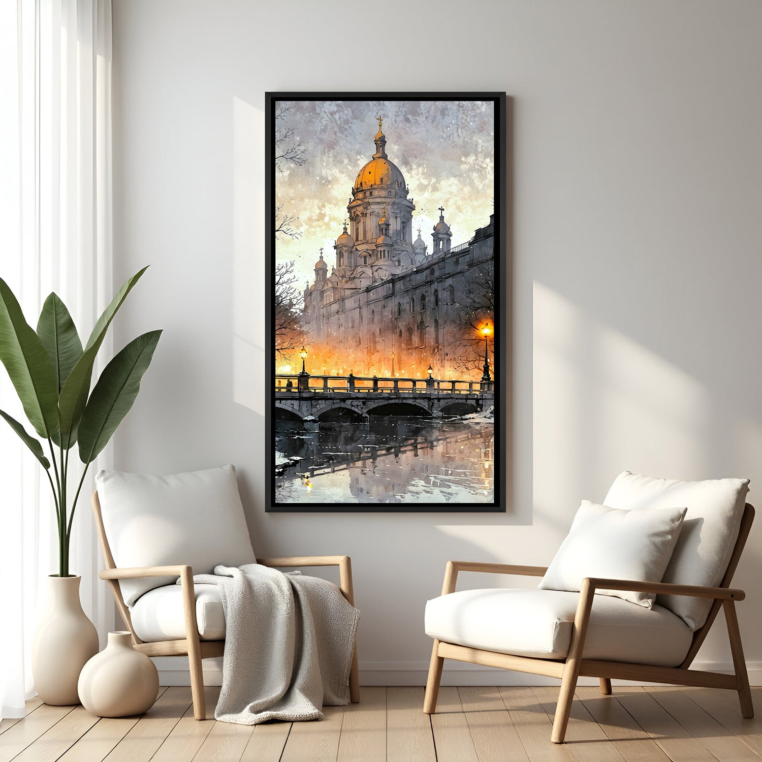 Modern city skyline artwork in elegant black floater frame with contemporary architectural design