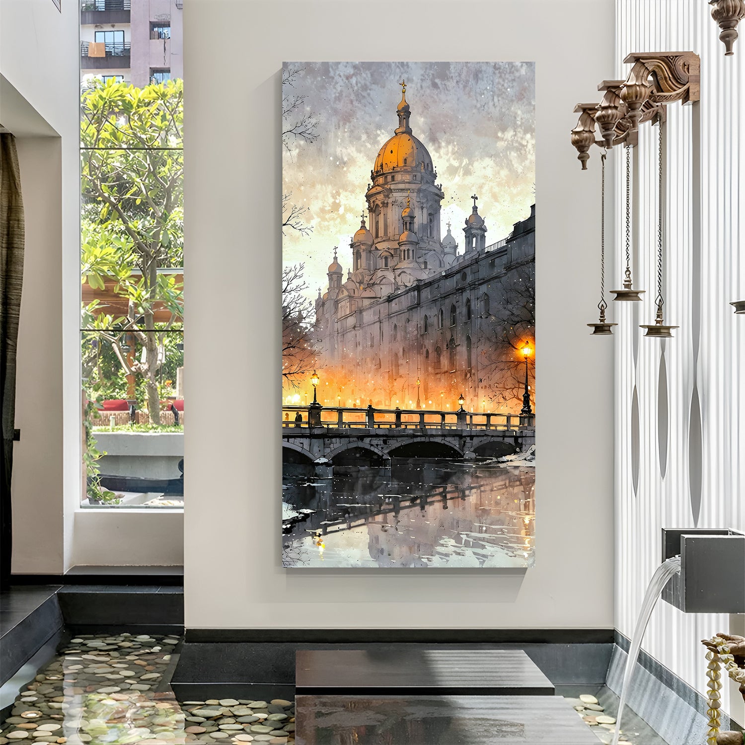 Urban Skyline Reflections canvas print featuring a modern cityscape in premium canvas wrapped frame