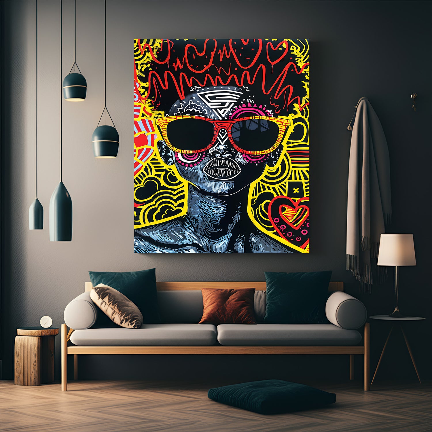 Urban-style colorful pop art painting of an African lady's face, featuring vibrant tones and expressive features on canvas for modern wall decor