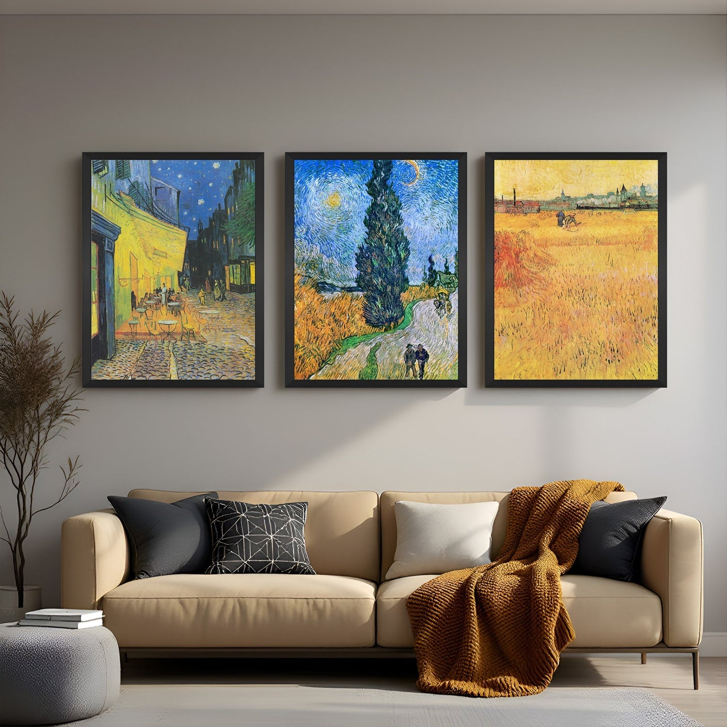 Set of 3 Vincent van Gogh landscape canvas prints – vibrant post-impressionist scenes perfect for nature-inspired, artistic interior decor
