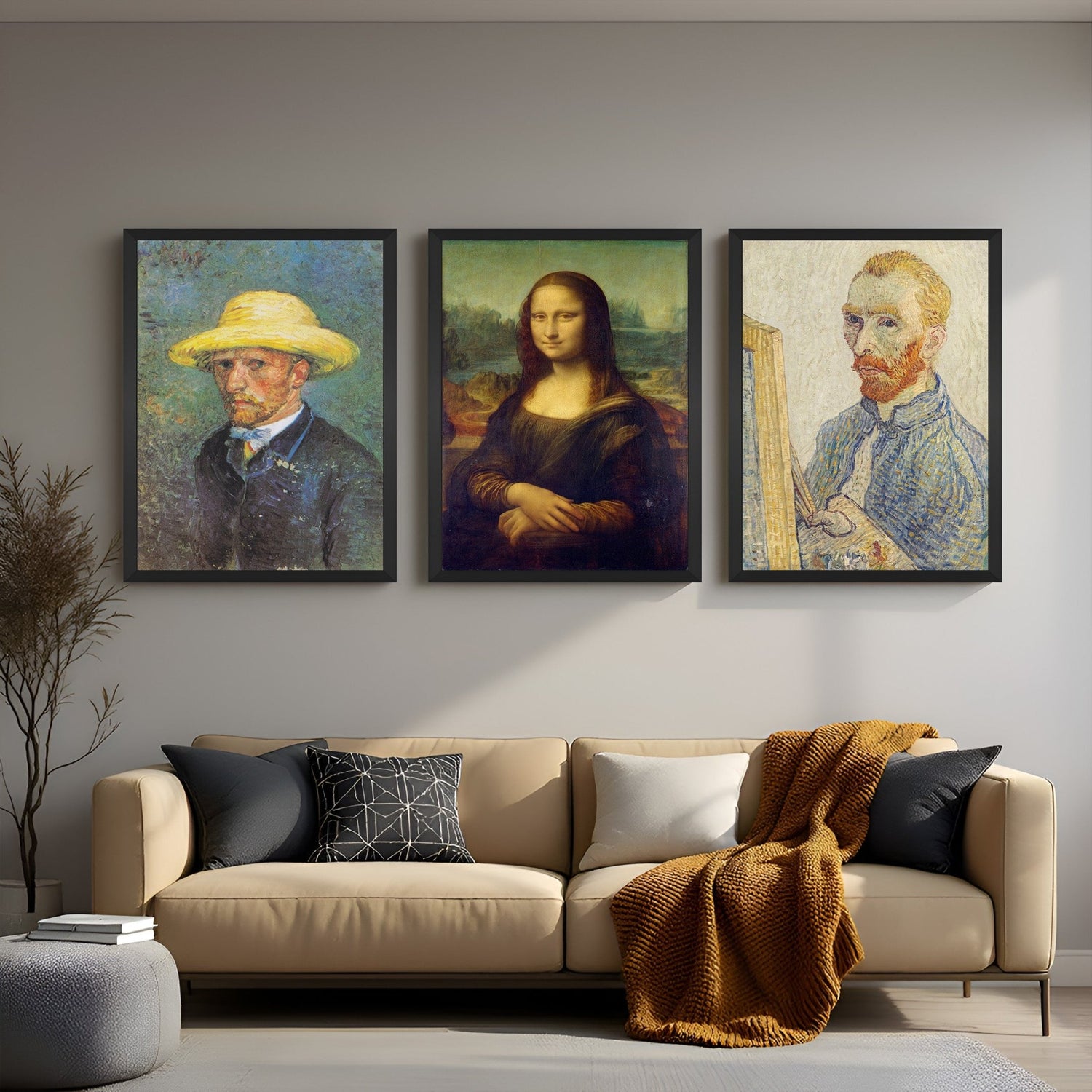 Set of 3 canvas prints including Mona Lisa and two expressive Van Gogh self-portraits – perfect for art lovers and elegant gallery-inspired wall spaces
