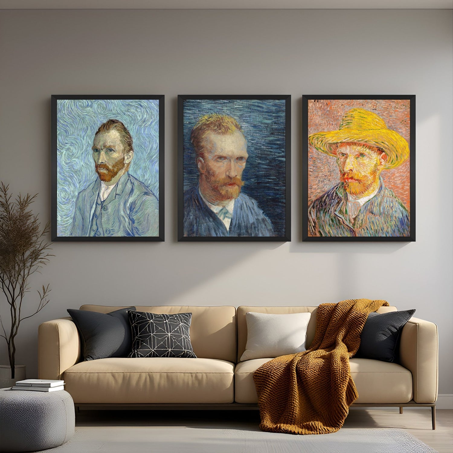 Set of 3 Van Gogh self-portrait canvas prints, showcasing emotional brushwork and deep expression – ideal for study, gallery, or modern classic wall decor