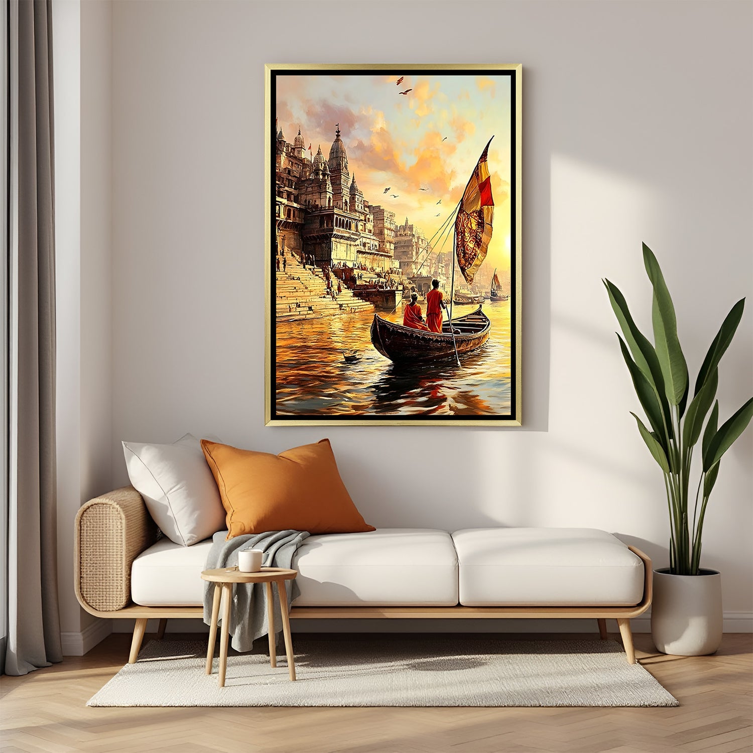Varanasi sunset boat wooden frame canvas wall art portrait
