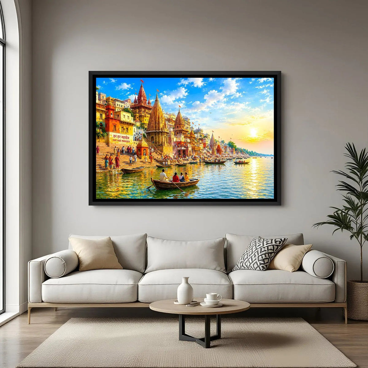 Varanasi riverfront heritage artwork in elegant black floater frame showcasing iconic ghats and cultural beauty