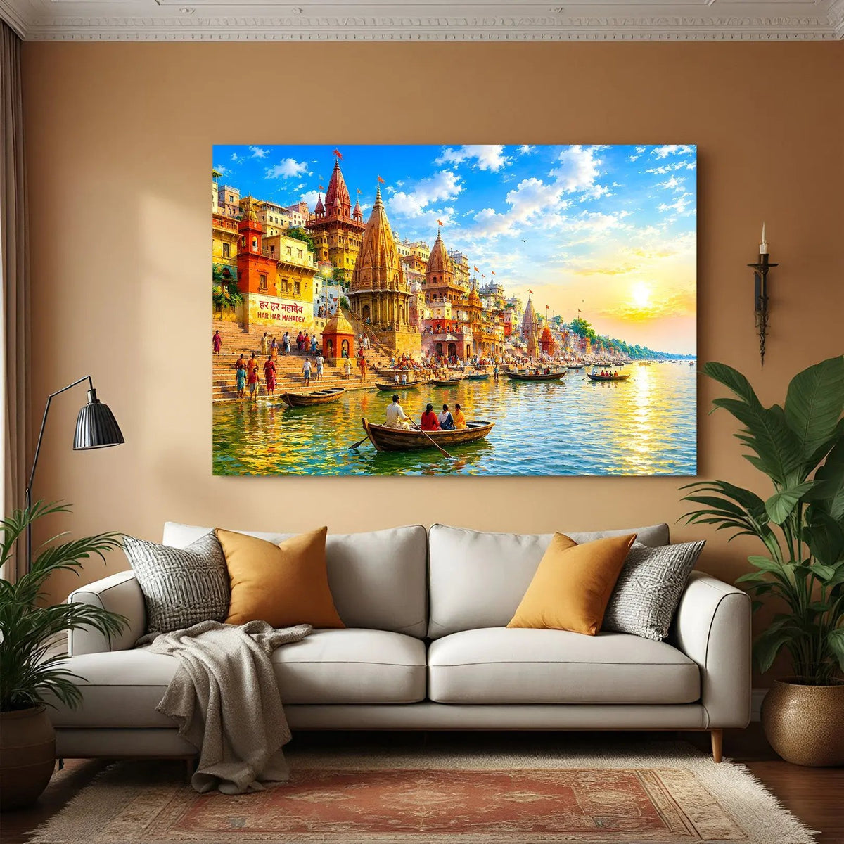 Varanasi Eternal Ganges Reverence canvas wall art in premium canvas wrapped frame featuring sacred ghats and historic riverfront architecture