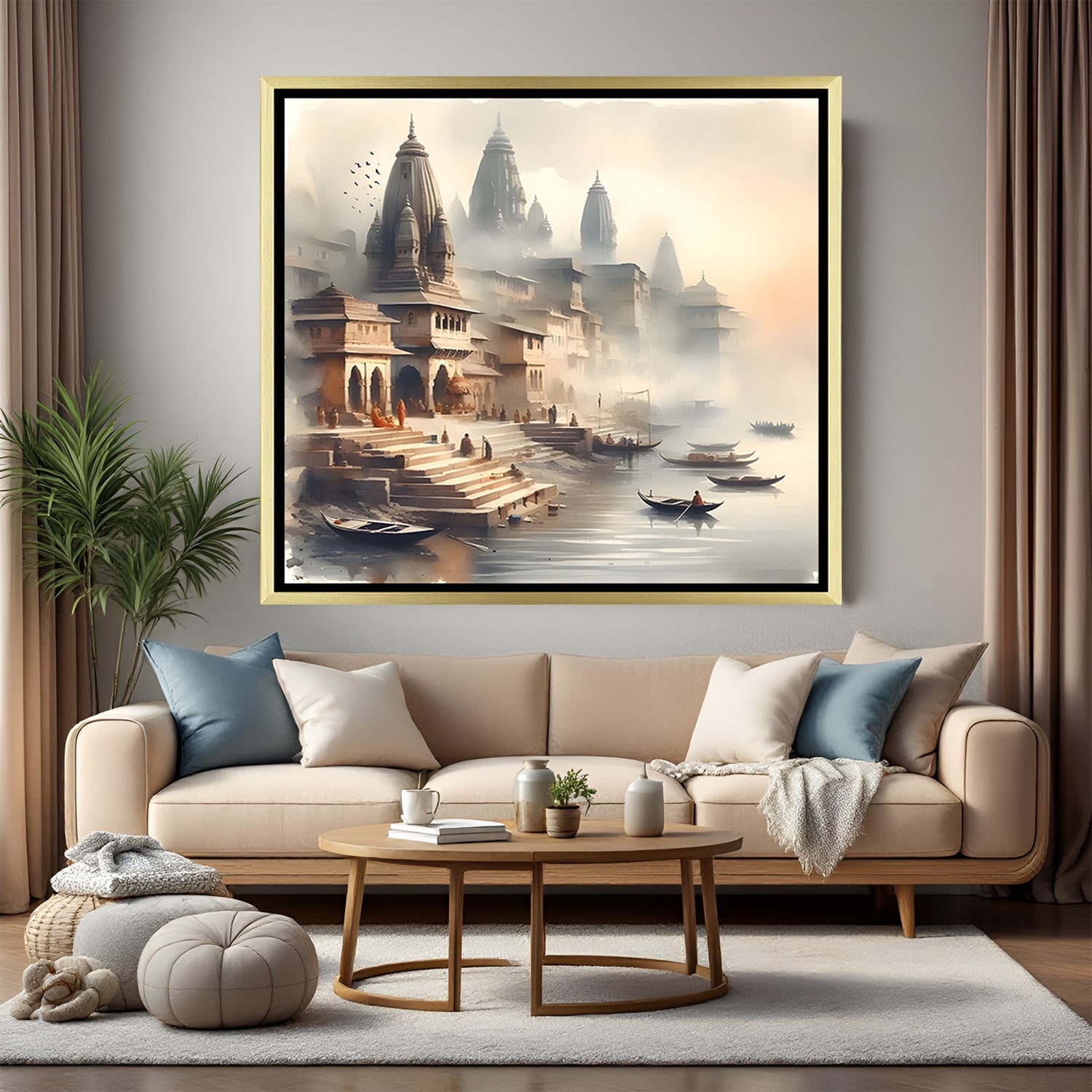 Varanasi Eternal Pilgrimage wall artwork in luxury golden floater frame featuring timeless riverside architecture