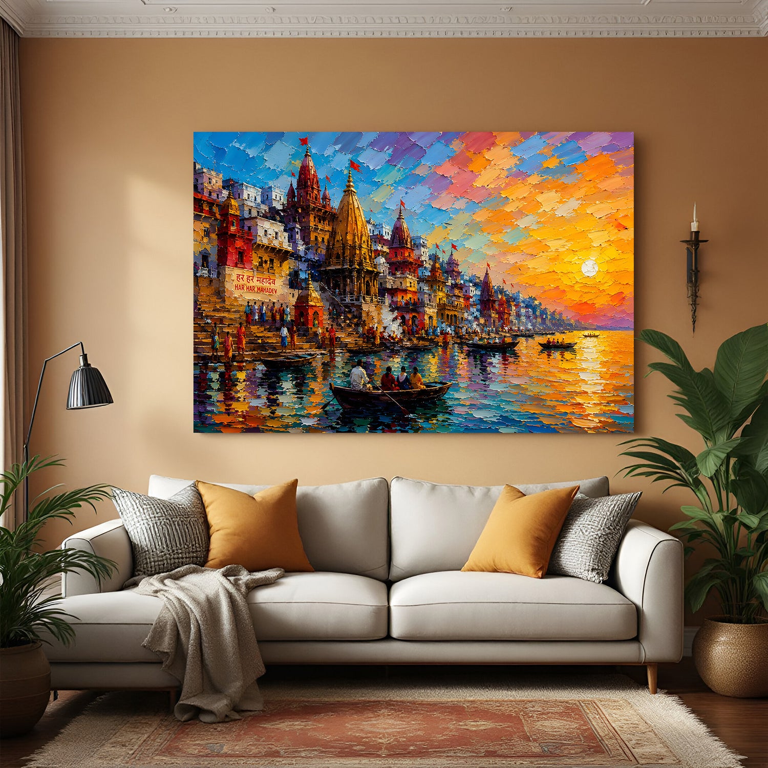 Varanasi Ganges Heritage Vista canvas wall art in premium canvas wrapped frame featuring sacred ghats and historic architecture
