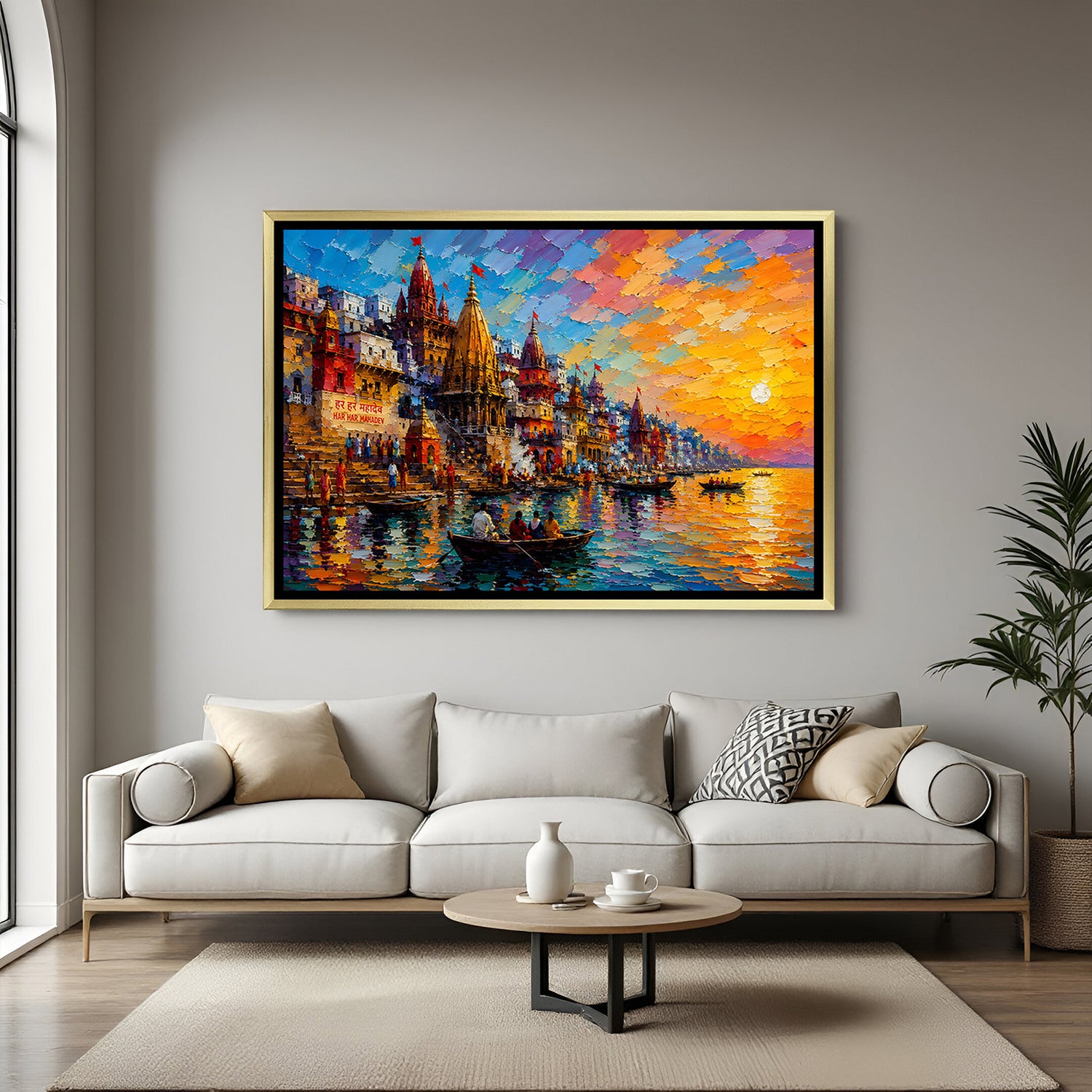 Varanasi Ganges Heritage Vista artwork in luxury golden floater frame featuring cultural riverfront scenery