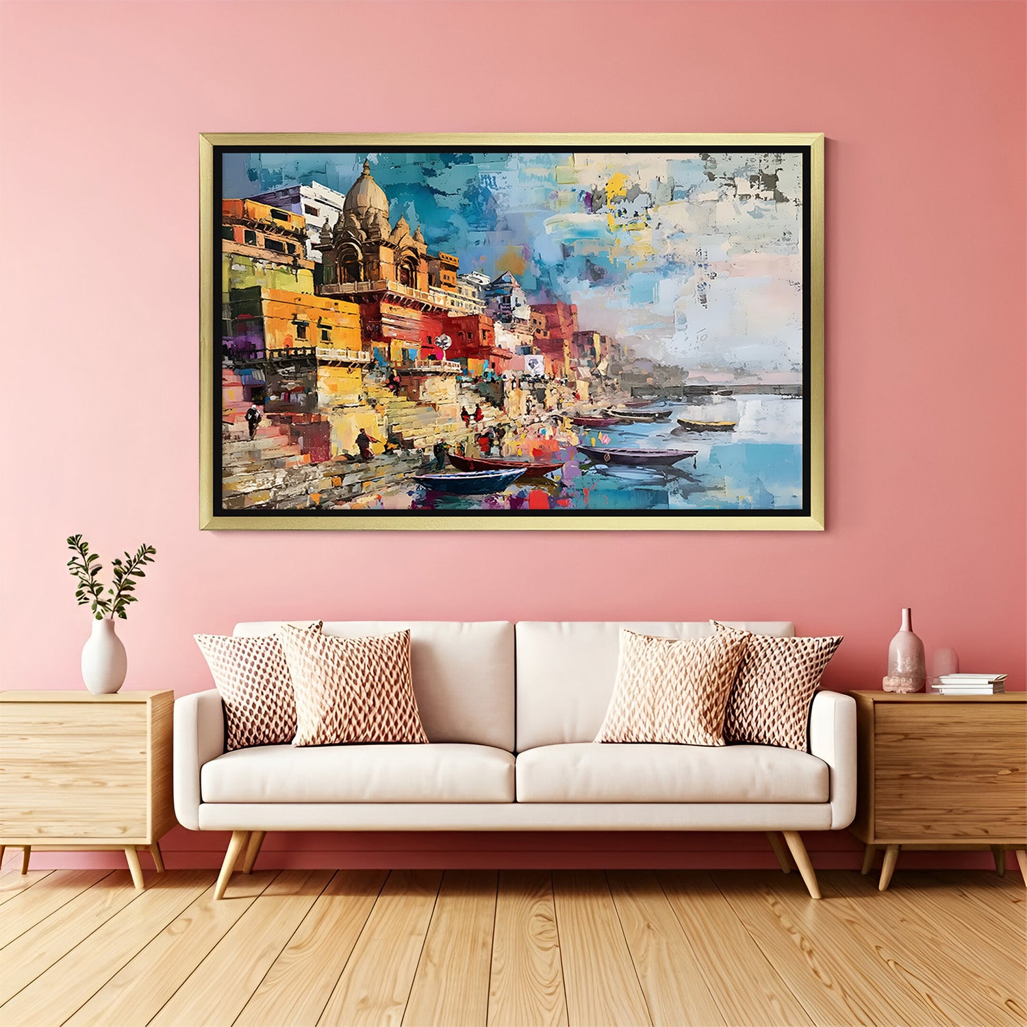 Varanasi Ghat Hand Painting in Golden Floater Frame | Spiritual Canvas Wall Art
