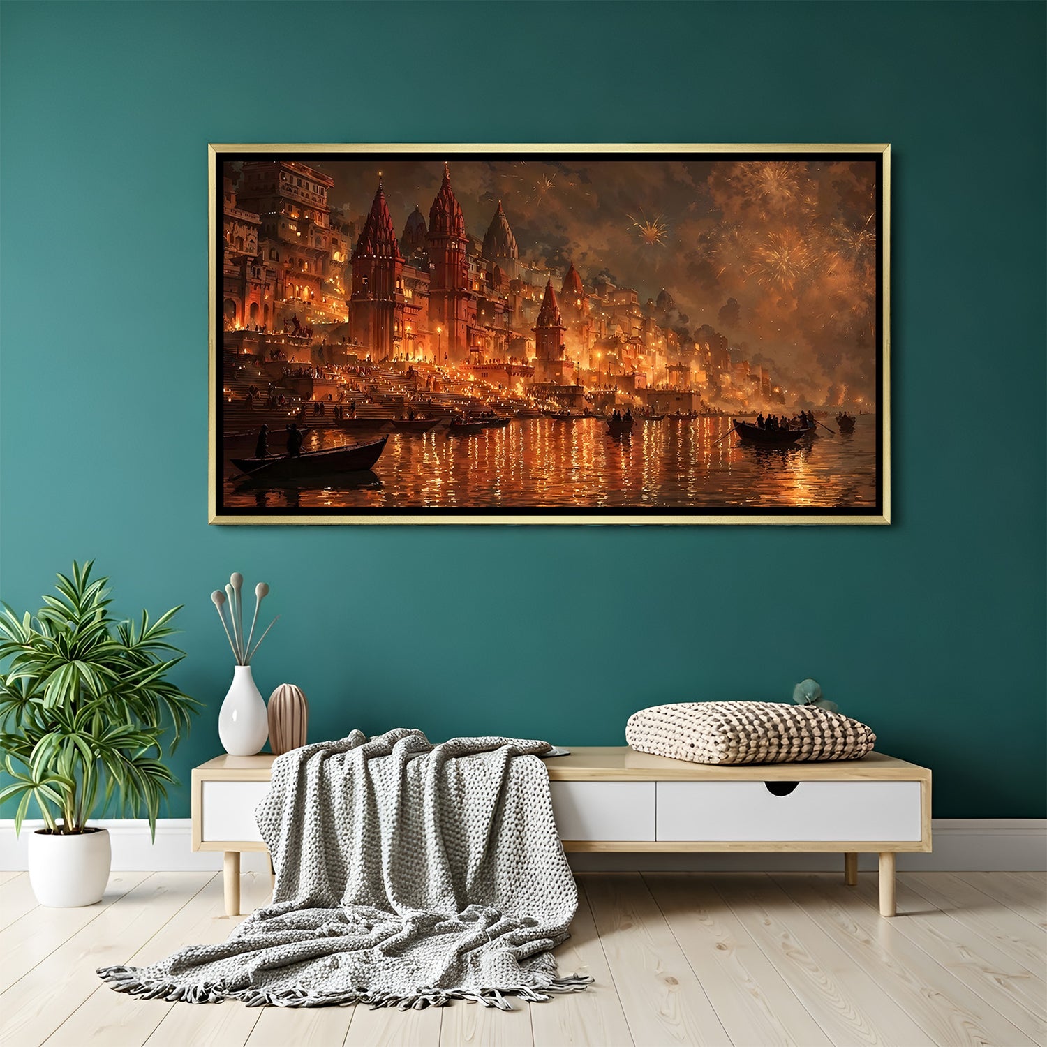 Varanasi Ghat Moonlit Serenity artwork in luxury golden floater frame showcasing sacred nighttime beauty
