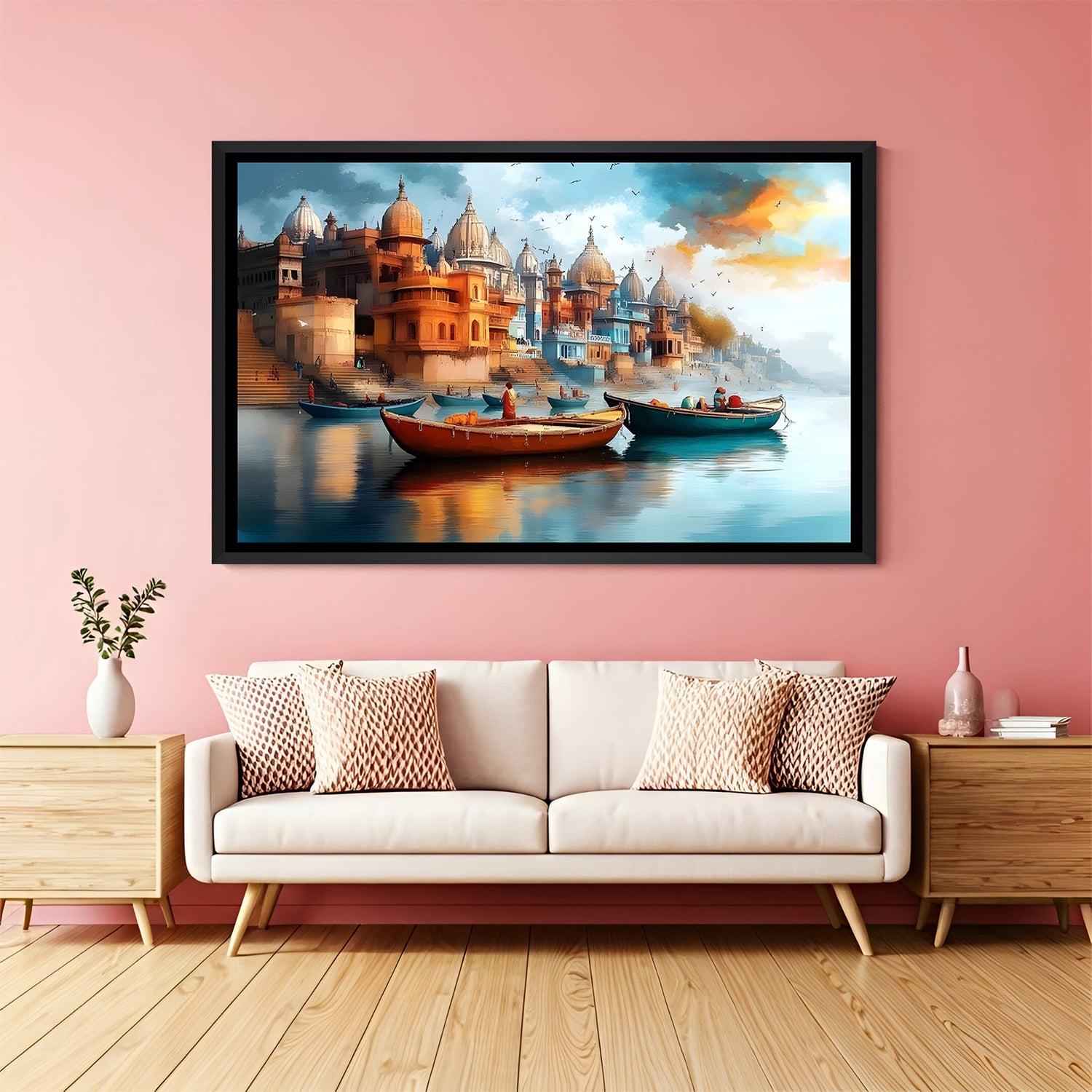Varanasi ghat artwork with boats and flying birds in elegant black floater frame featuring a peaceful river scene