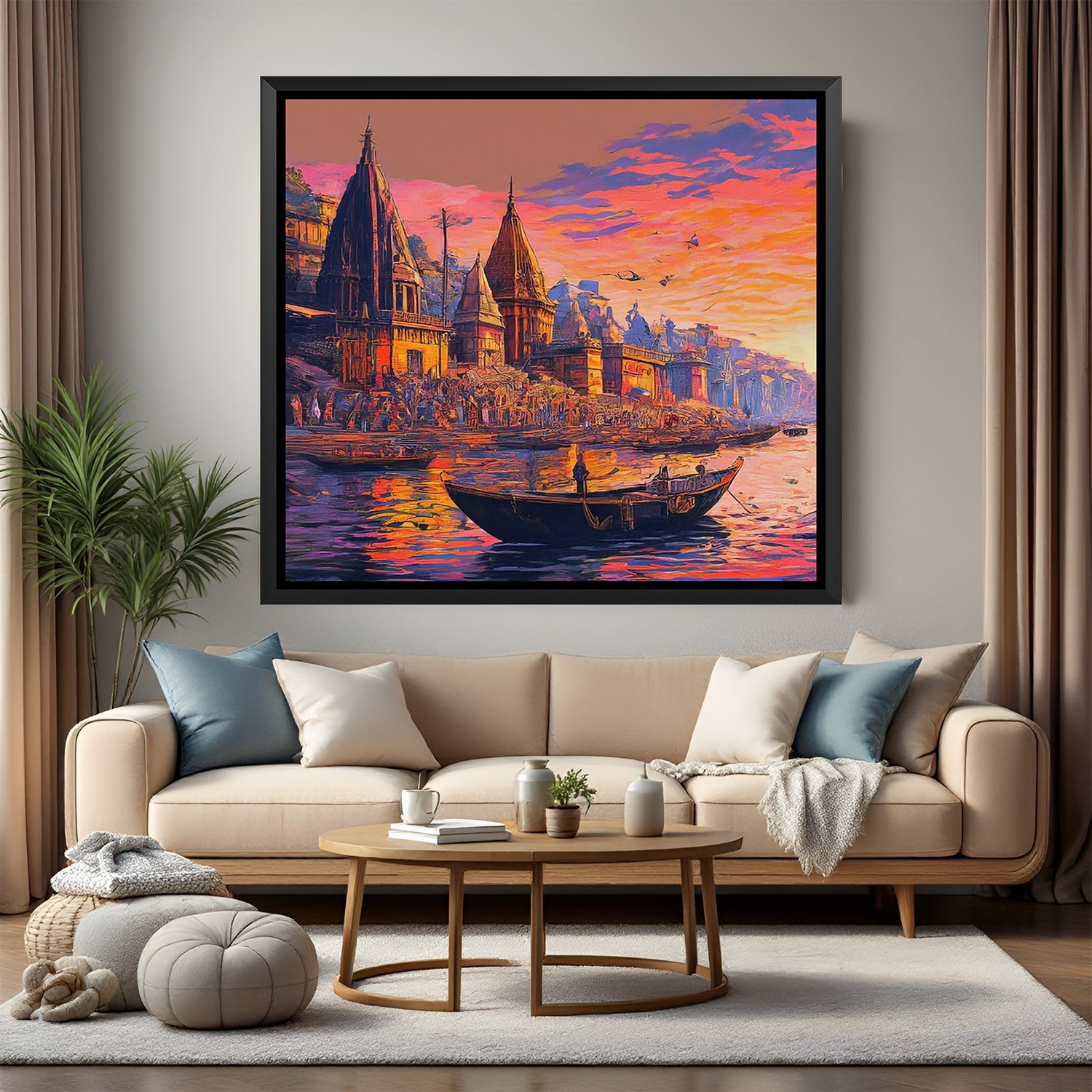 Hand-painted canvas wall art of Varanasi ghats with boats, temples, and Ganga river at sunrise, in black floater frame, perfect for spiritual and cultural wall decor