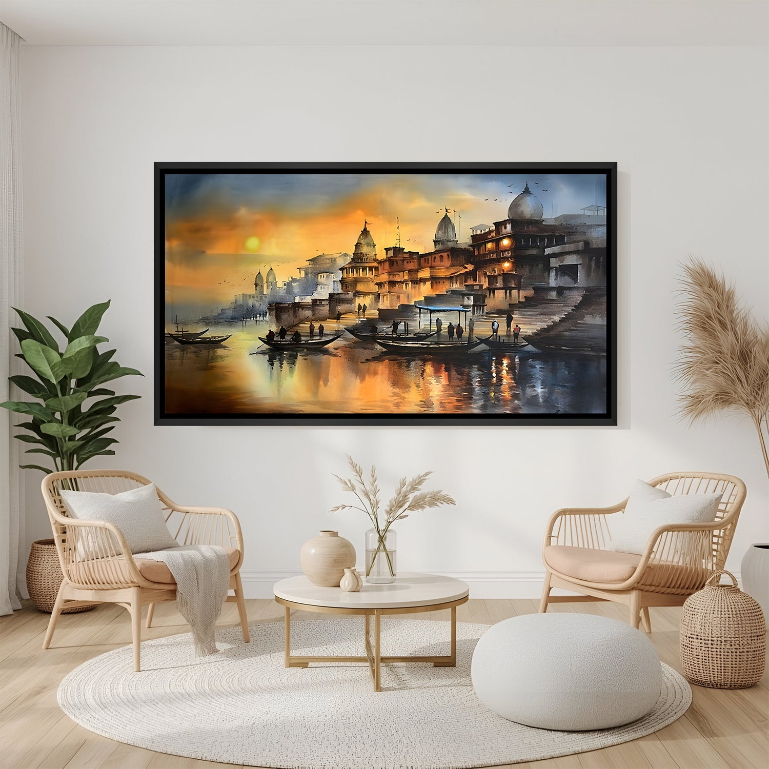 Varanasi Ghat wall art in elegant black floater frame showcasing historic riverside architecture and sunrise views