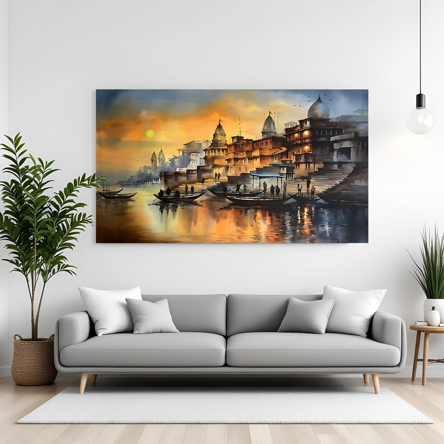 Varanasi Ghat Spiritual Sunrise canvas wall art in premium canvas wrapped frame featuring the sacred Ganges riverfront