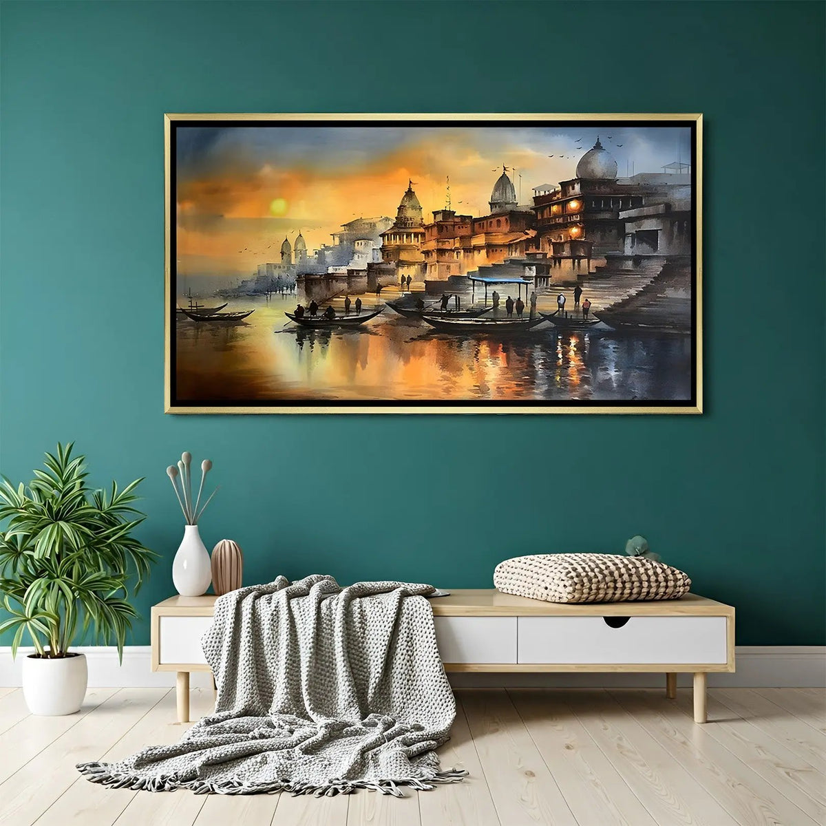 Varanasi Ghat Spiritual Sunrise artwork in luxury golden floater frame featuring sacred river reflections