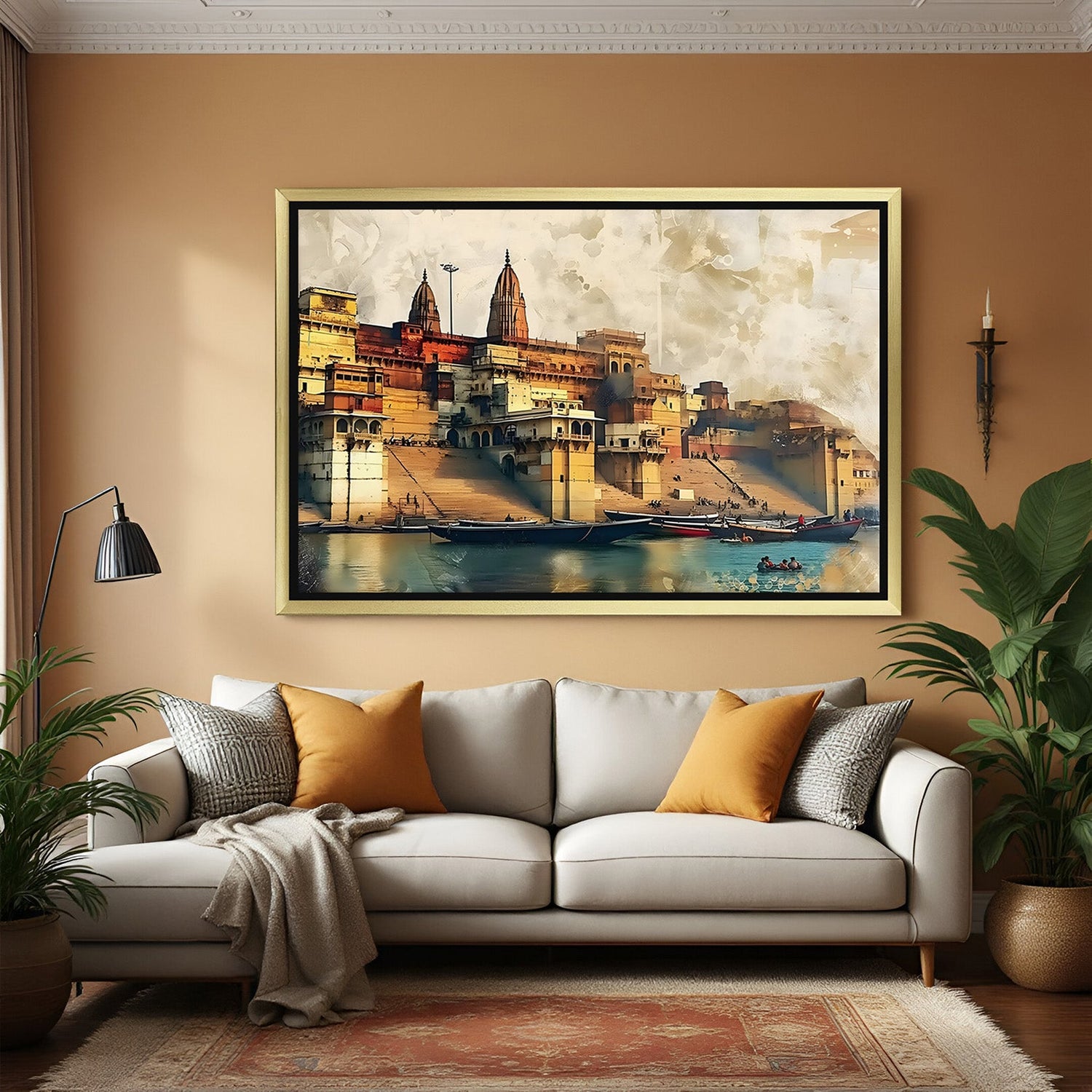 Golden frame Varanasi Ghats canvas painting – cultural Indian wall art for ethnic home and office spaces
