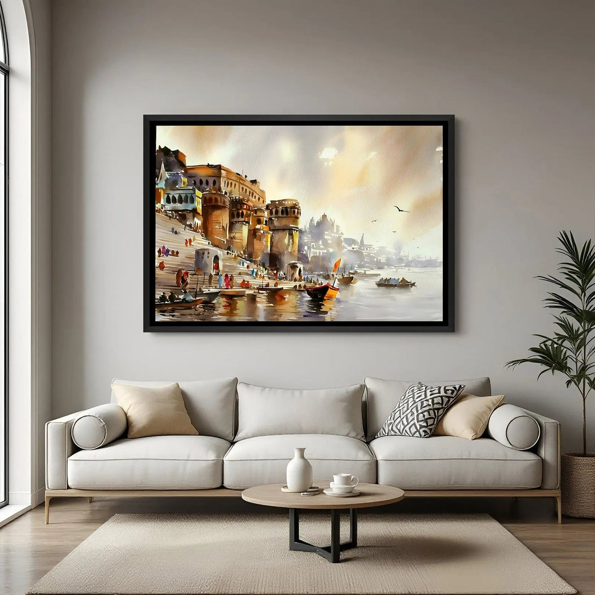 Varanasi riverfront wall artwork in elegant black floater frame showcasing iconic ghats and cultural heritage
