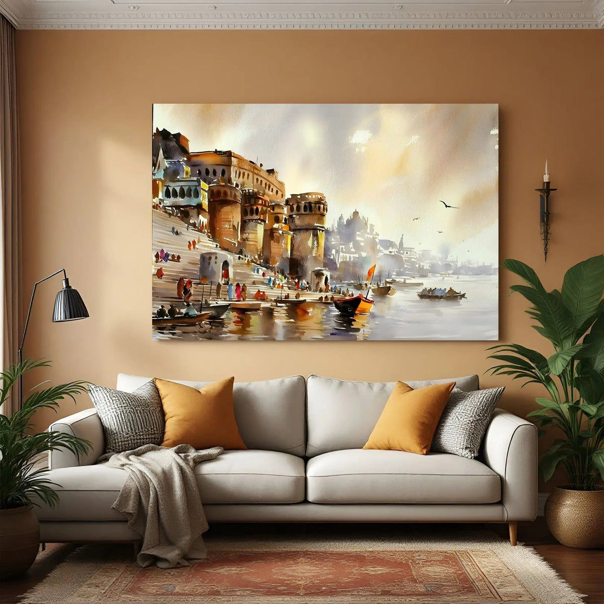 Varanasi Heritage Riverfront wall decor in premium canvas wrapped frame featuring sacred ghats and historic Ganges riverside architecture