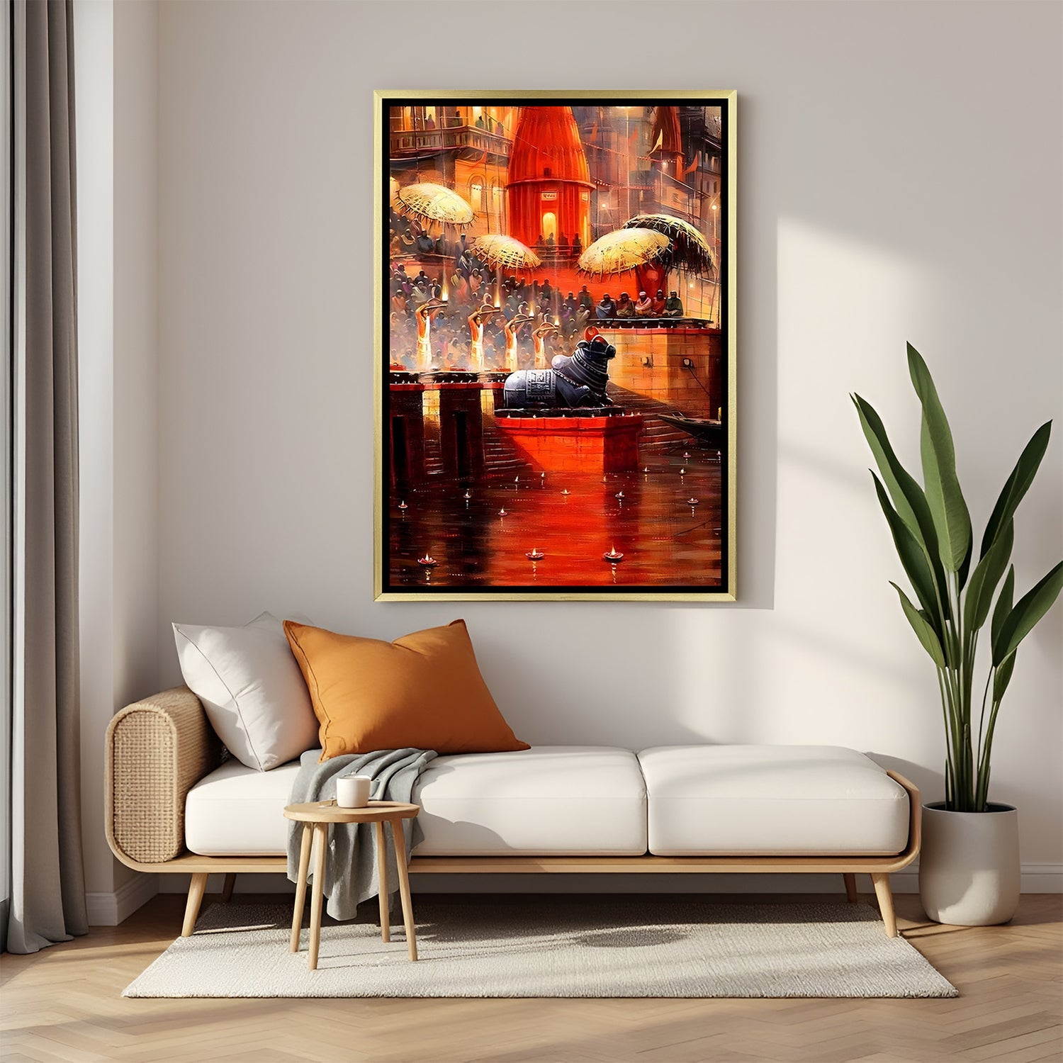 Varanasi Nandi Aarti Reverence wall decor in luxury golden floater frame featuring devotees, sacred lamps, and Nandi Maharaj