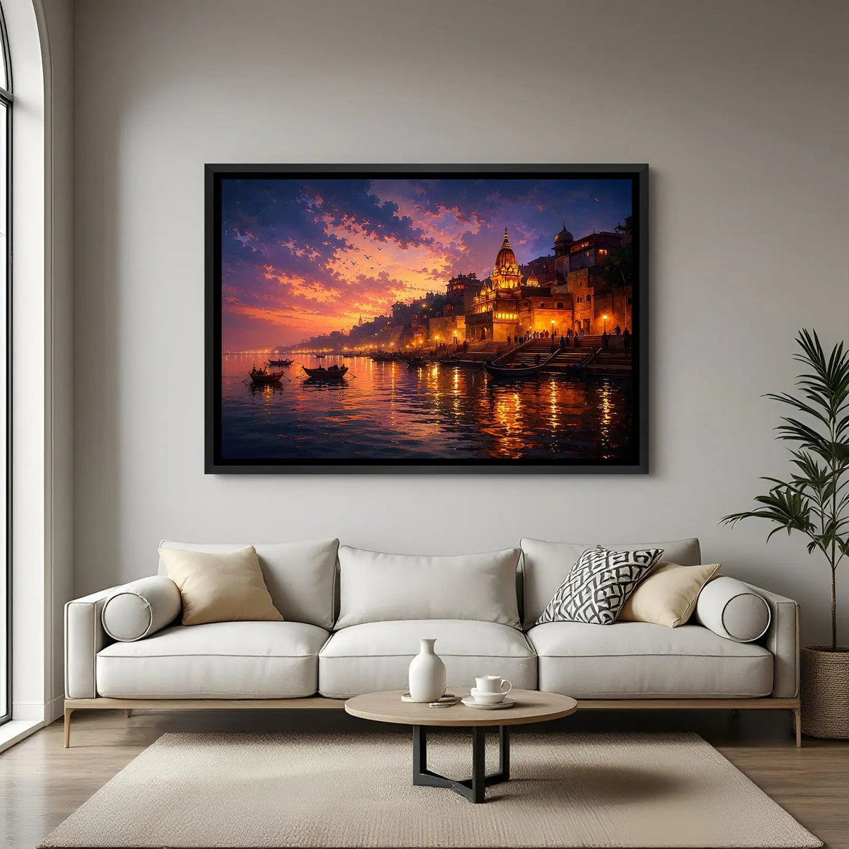 Varanasi ghat night artwork with glowing lights and river boats in elegant black floater frame