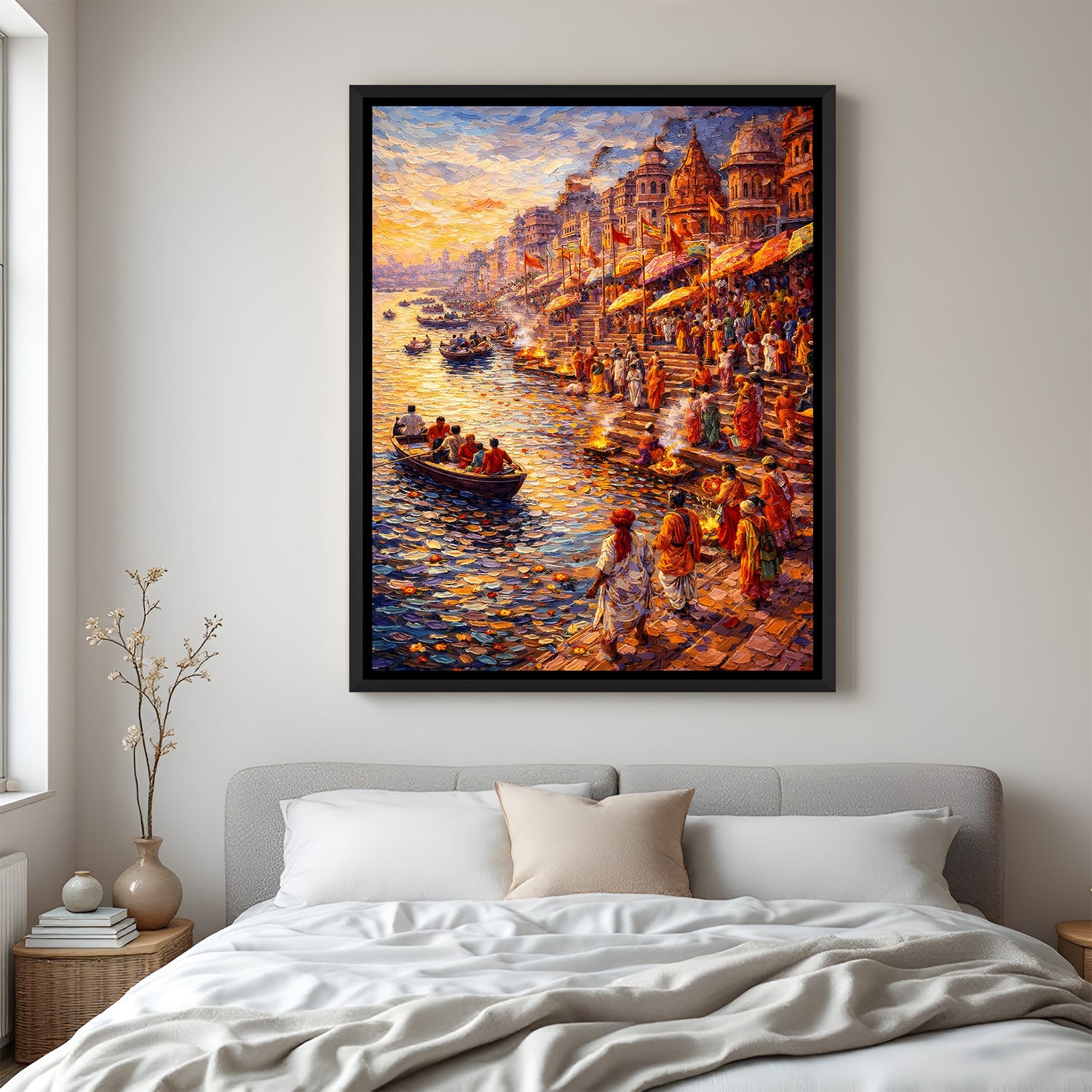 Varanasi ghat wall decor in elegant black floater frame showcasing historic riverfront architecture