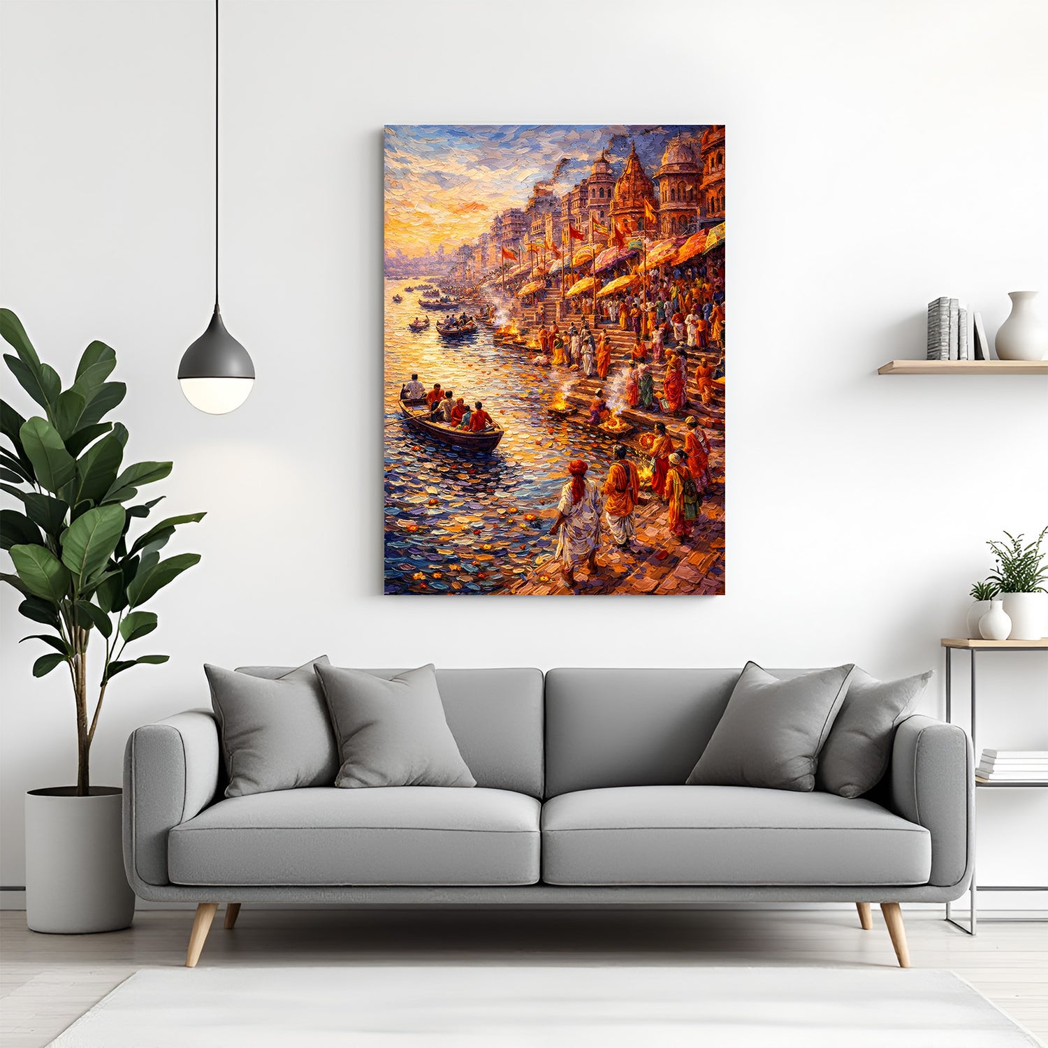 Varanasi River of Devotion premium canvas print in canvas wrapped frame featuring sacred ghats and the Ganges River