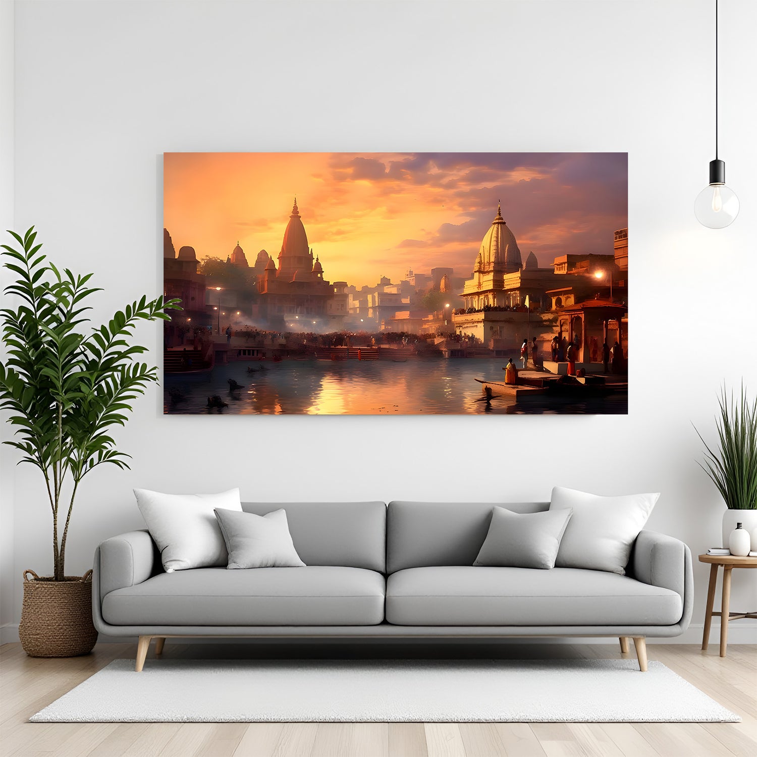 Varanasi Riverside Heritage canvas wall art in premium canvas wrapped frame featuring historic ghats and sacred river views