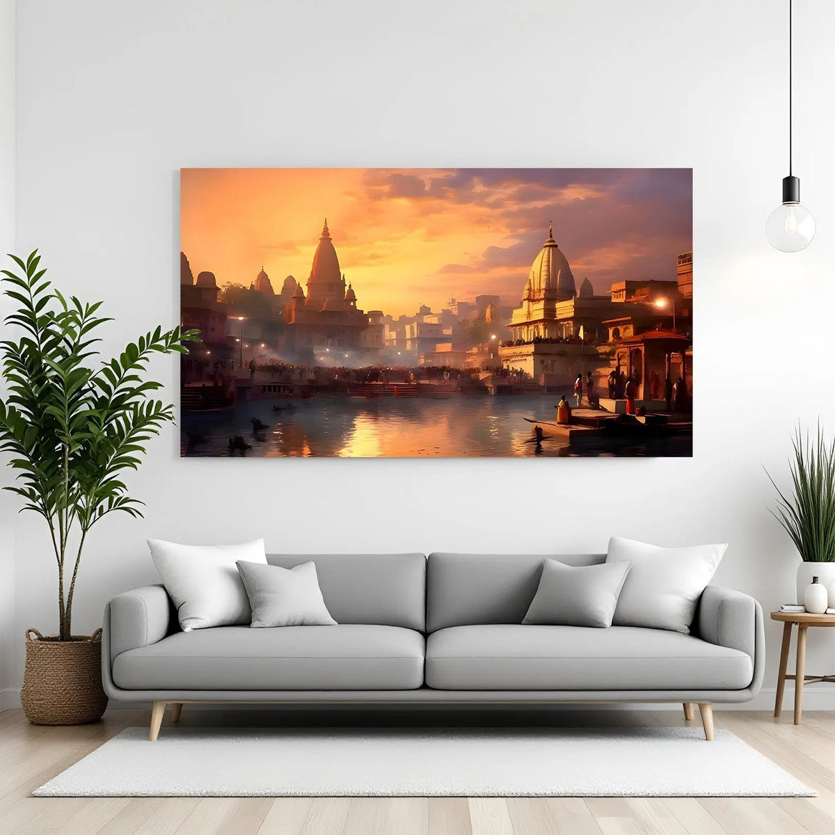 Varanasi Riverside Heritage canvas wall art in premium canvas wrapped frame featuring historic ghats and sacred river views