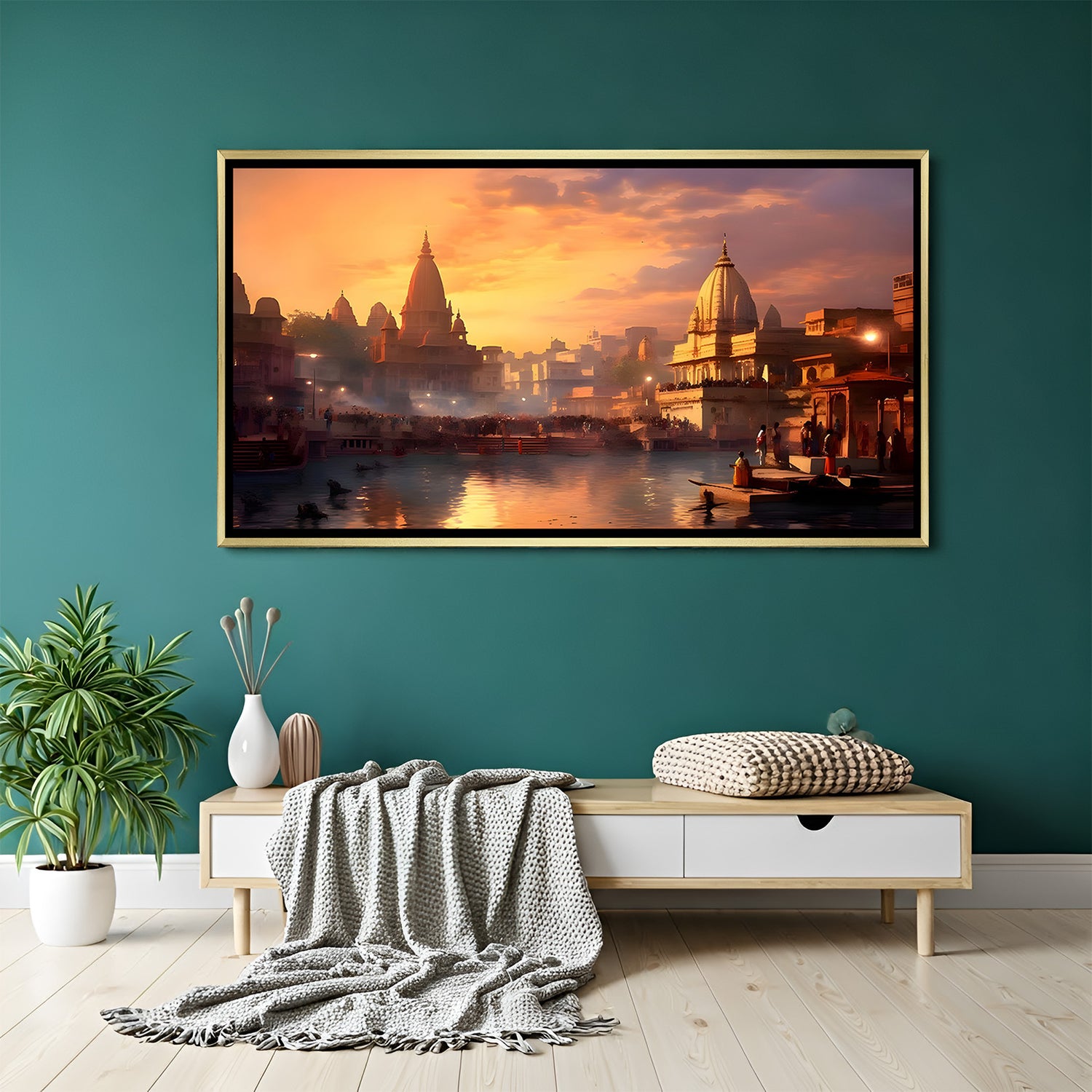 Varanasi Riverside Heritage artwork in luxury golden floater frame with detailed ghat and river scenery