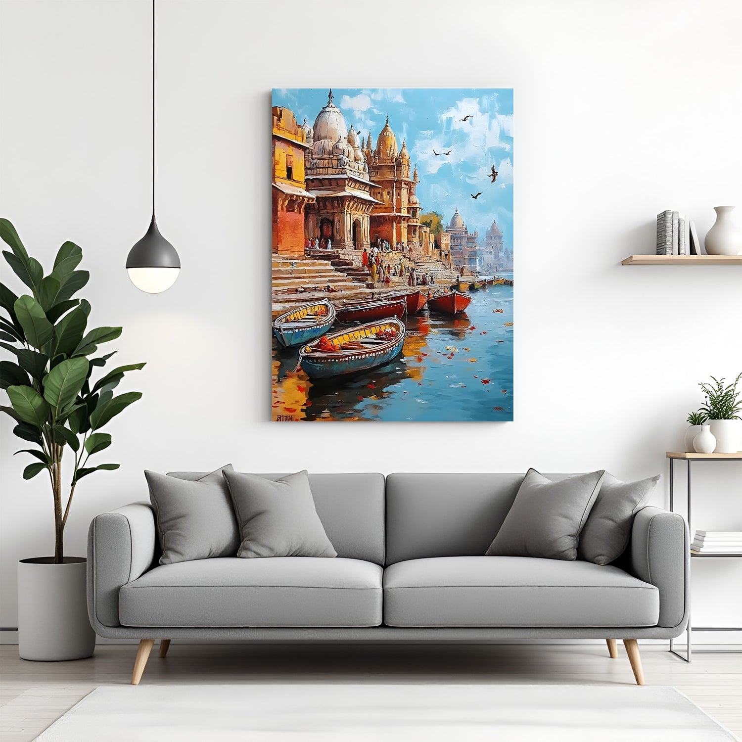 Varanasi Sacred Ganges Legacy canvas wall decor in premium canvas wrapped frame featuring historic ghats and sacred riverfront views
