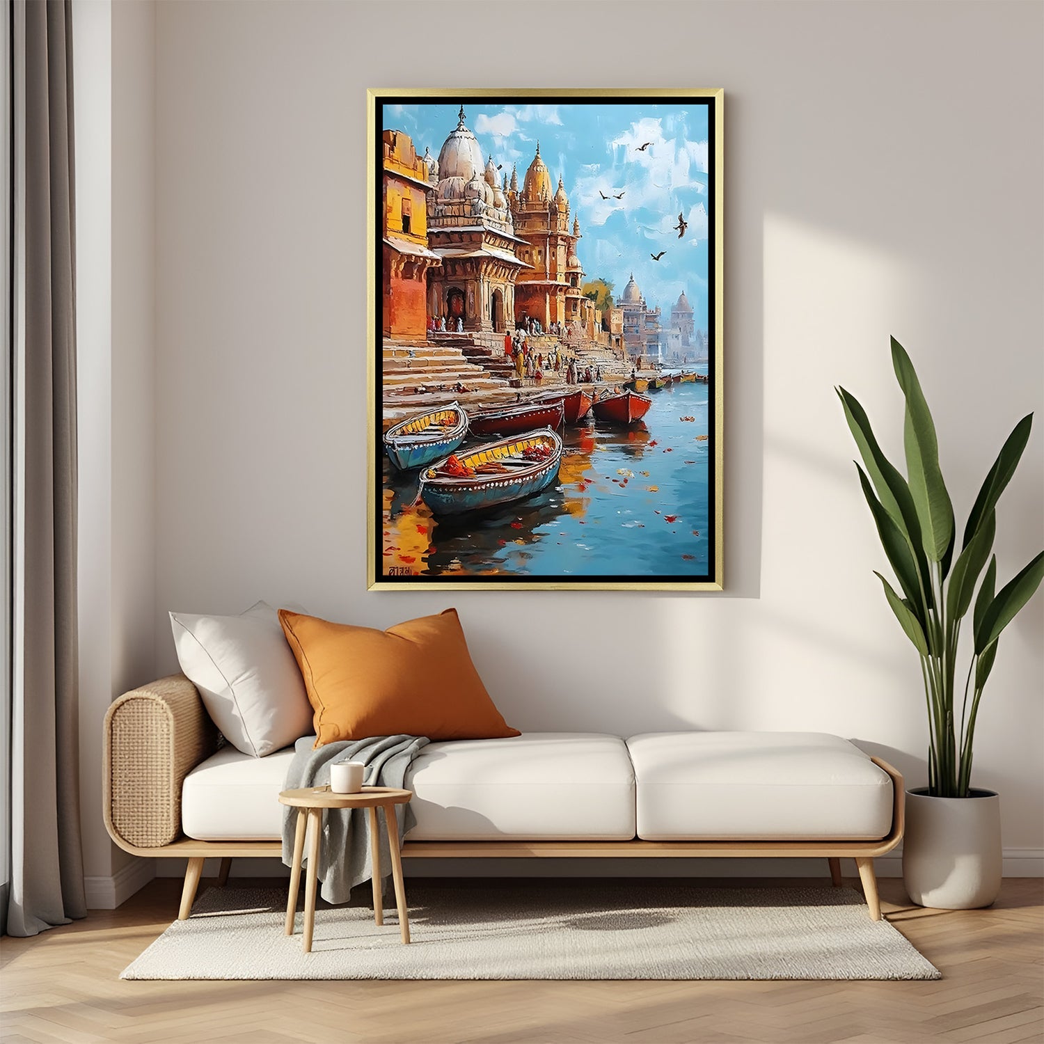 Varanasi Sacred Ganges Legacy canvas wall decor in luxury golden floater frame featuring timeless riverside heritage