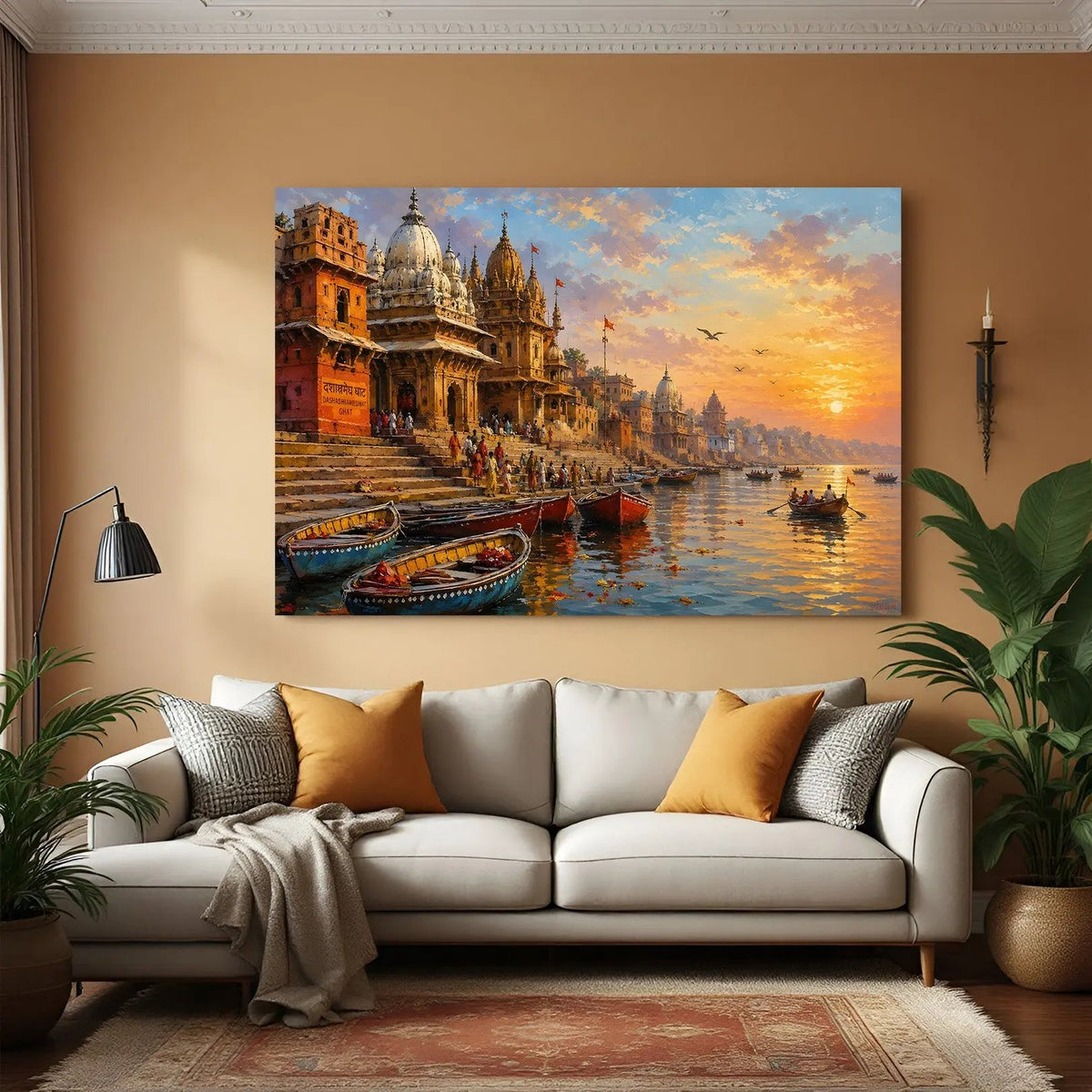 Varanasi Sacred Horizons canvas wall art in premium canvas wrapped frame featuring historic ghats along the Ganges River