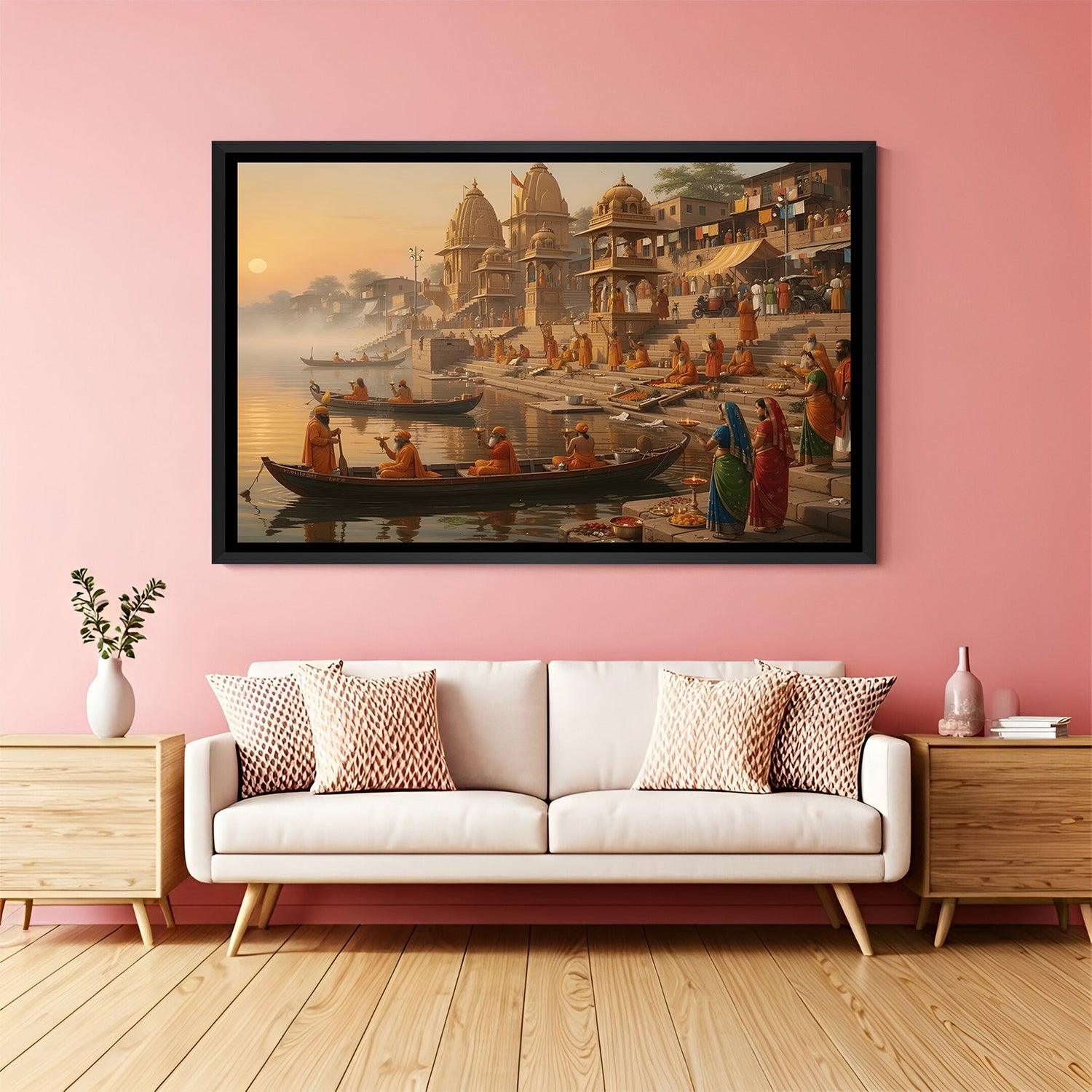 Varanasi riverfront artwork in elegant black floater frame showcasing panoramic ghat architecture