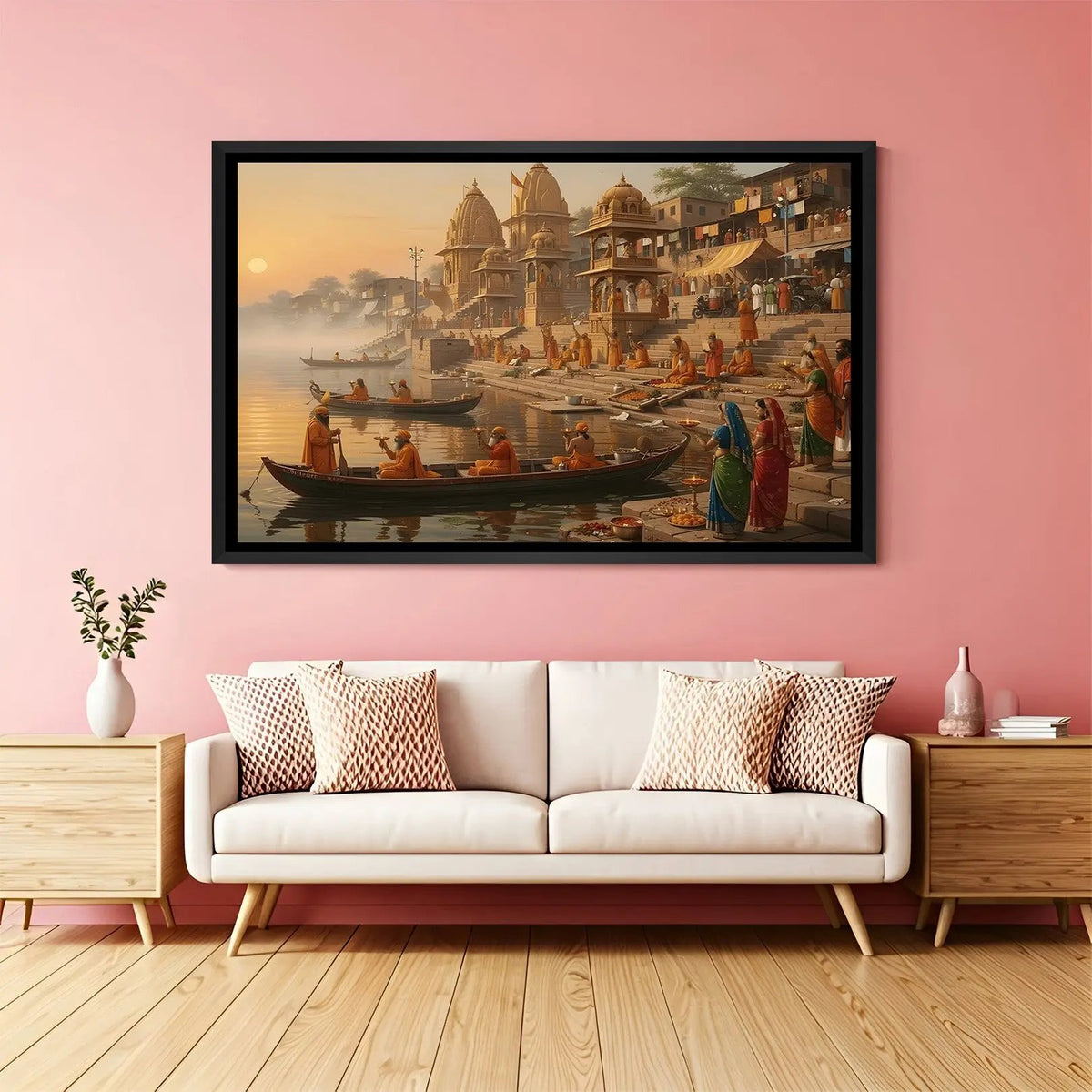 Varanasi riverfront artwork in elegant black floater frame showcasing panoramic ghat architecture