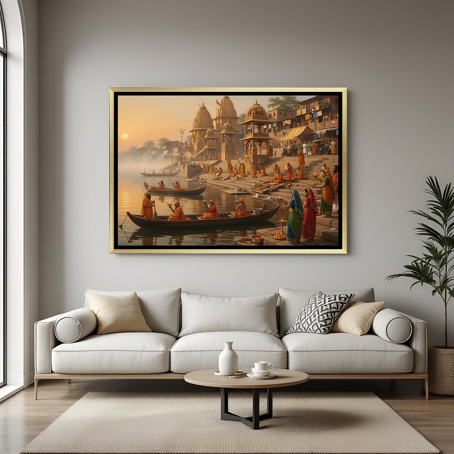 Varanasi Sacred Riverfront Panorama artwork in luxury golden floater frame featuring cultural heritage scenery
