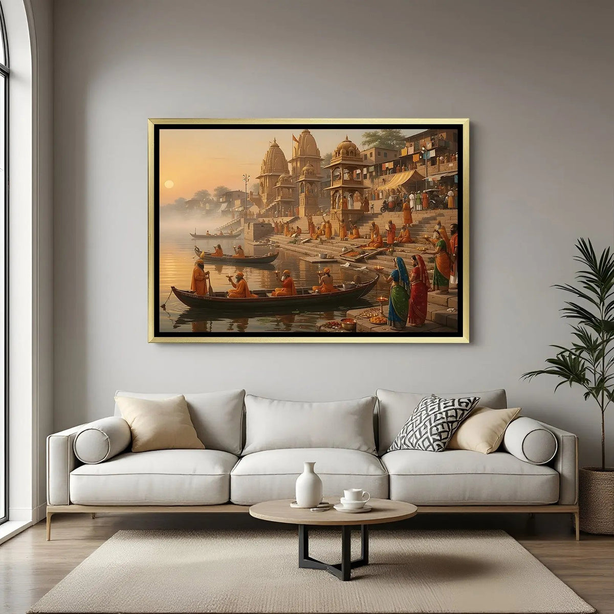 Varanasi Sacred Riverfront Panorama artwork in luxury golden floater frame featuring cultural heritage scenery